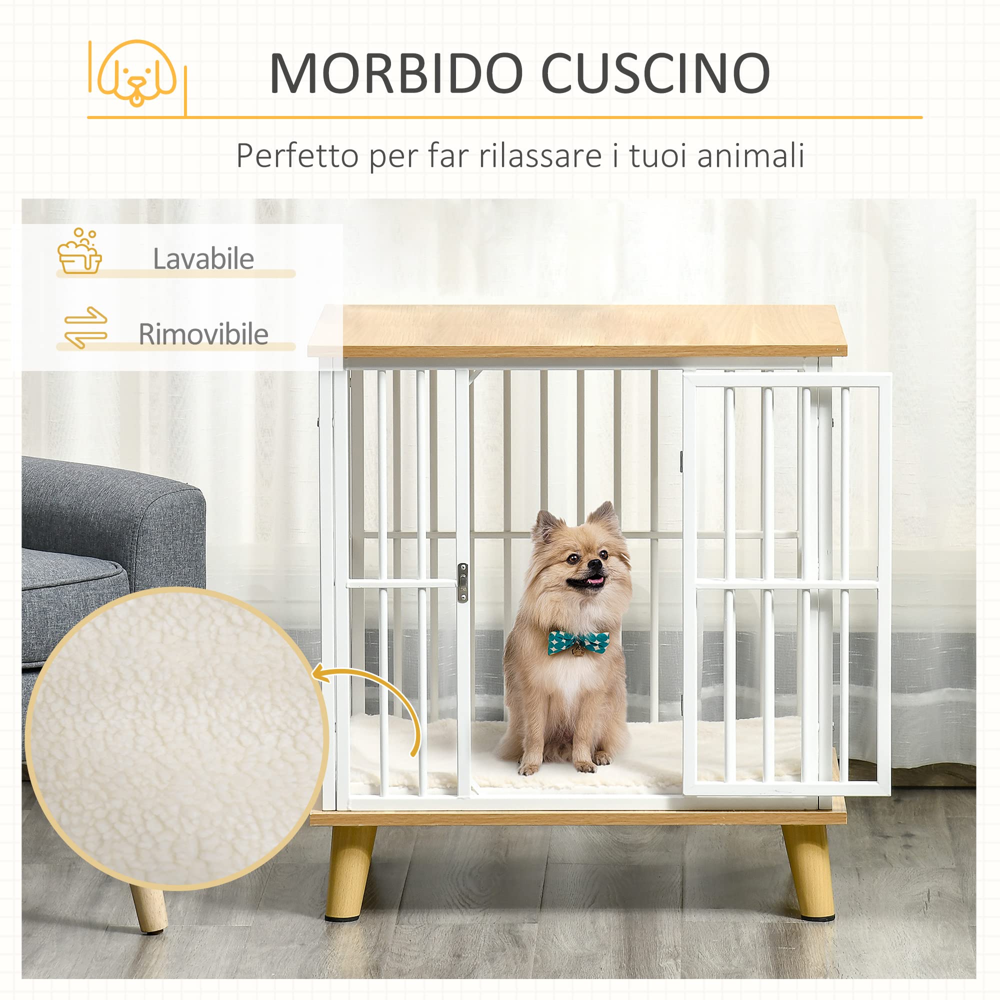 PawHut Casetta per Cani da Interno in Legno e Acciaio, Kennel con Cuscino Rimovibile e Lavabile per Cani di Piccola Taglia, Quercia
