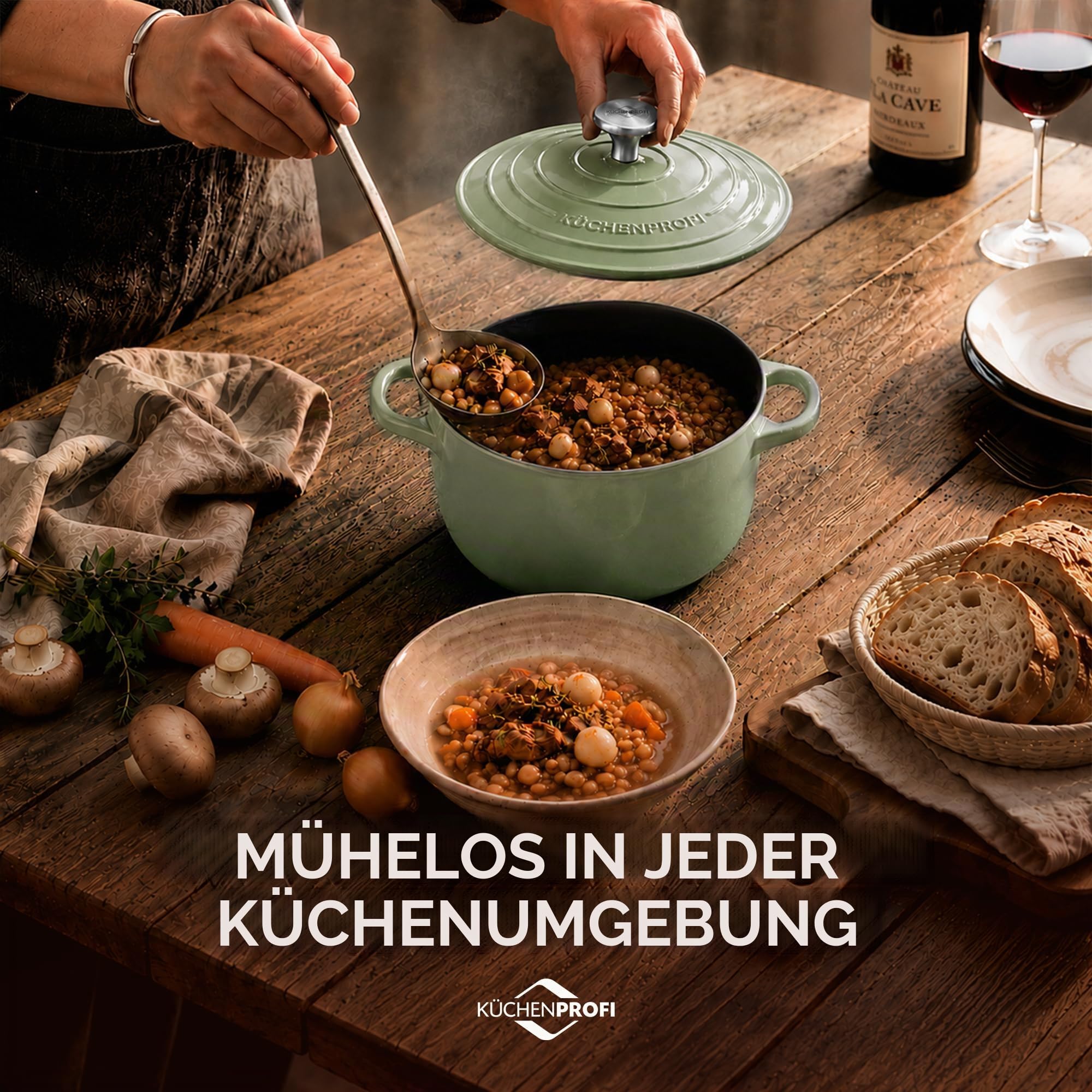 KÜCHENPROFI Gusseisen-Bräter mit Deckel, emailliert, 24 cm, Jade | Runder Gusseisen-Bräter mit Energieeffizienz, optimaler Wärmespeicherung, Edelstahlknopf, für alle Herdarten geeignet