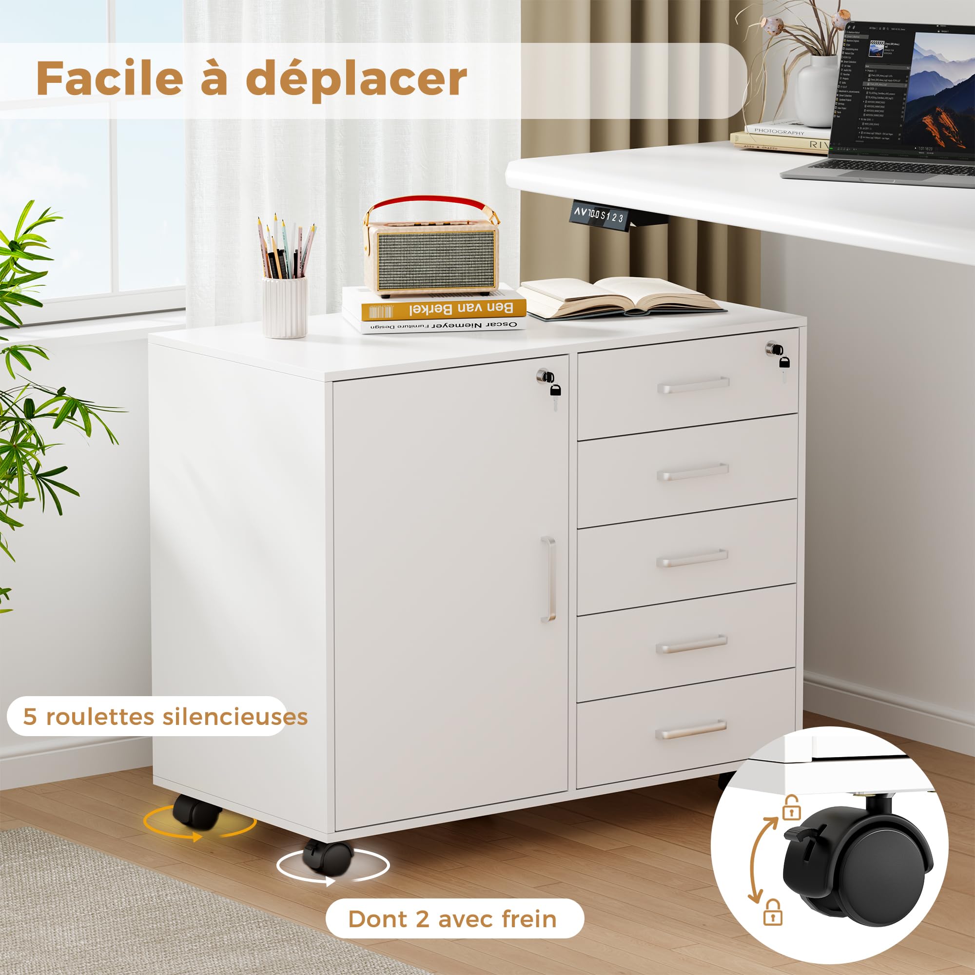 BEWISHOME Caisson de Bureau Rangement à 5 Tiroirs Verrouillables, Meuble Rangement Bureau avec 5 roulettes, Meuble imprimante Mobile avec 3 étagères réglables, Poignées métalliques, 78x40x65,5 cm