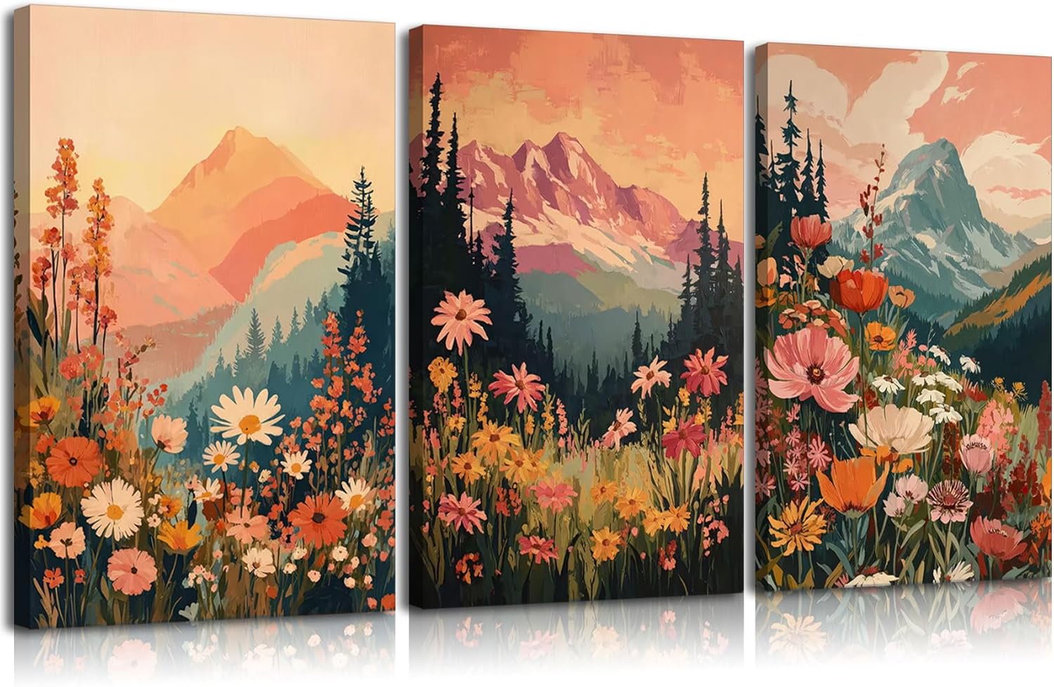 3Pcs Boho Mountain Canvas Wall Art Vintage Wildflower Mountains Poster Prints Abstract Nature Landscape Picture Nature Botanical Paintings Artwork Wall Decor for Living Room Bedroom 12x16in Framed