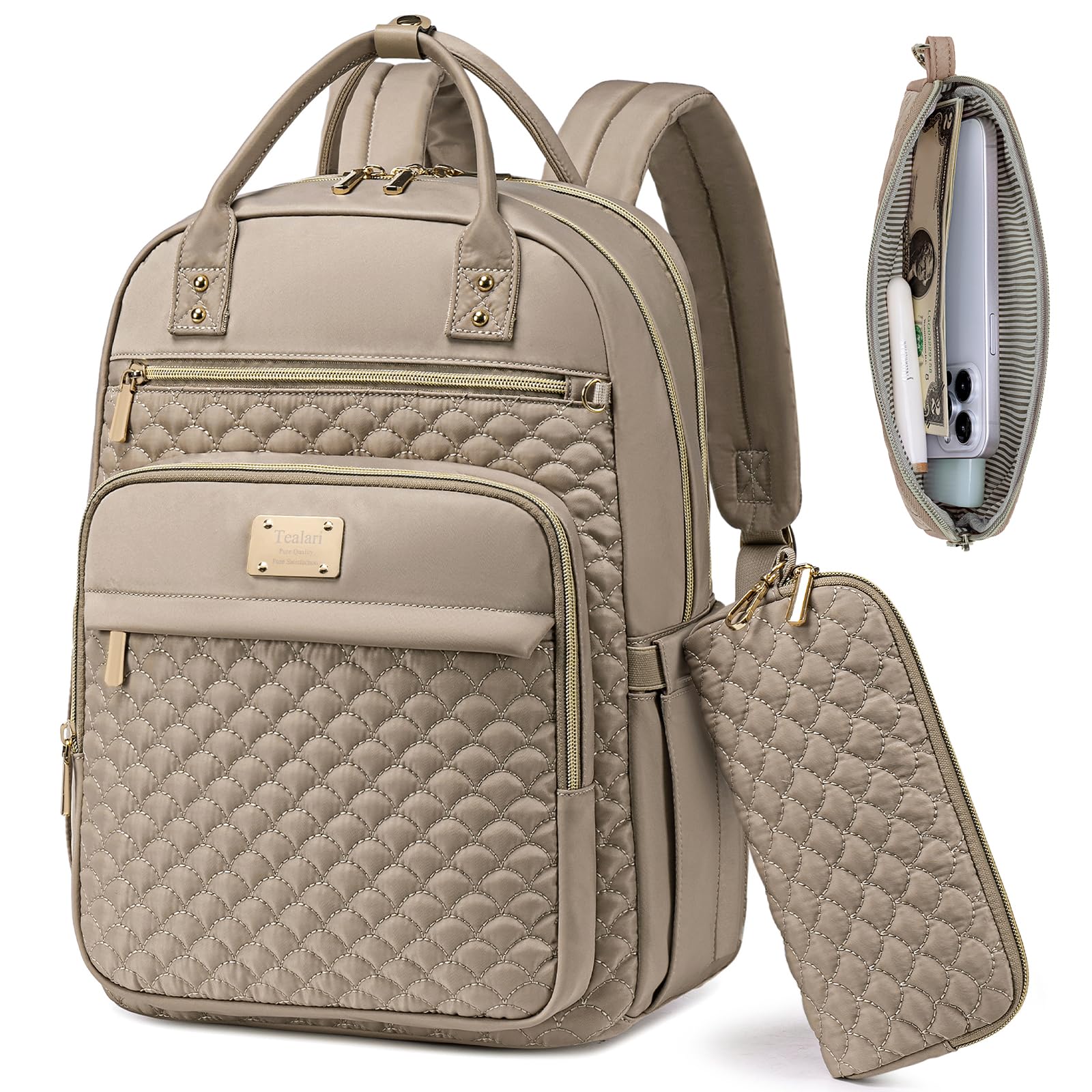 Tealari Laptop Backpack for Women in Khaki with matching wallet