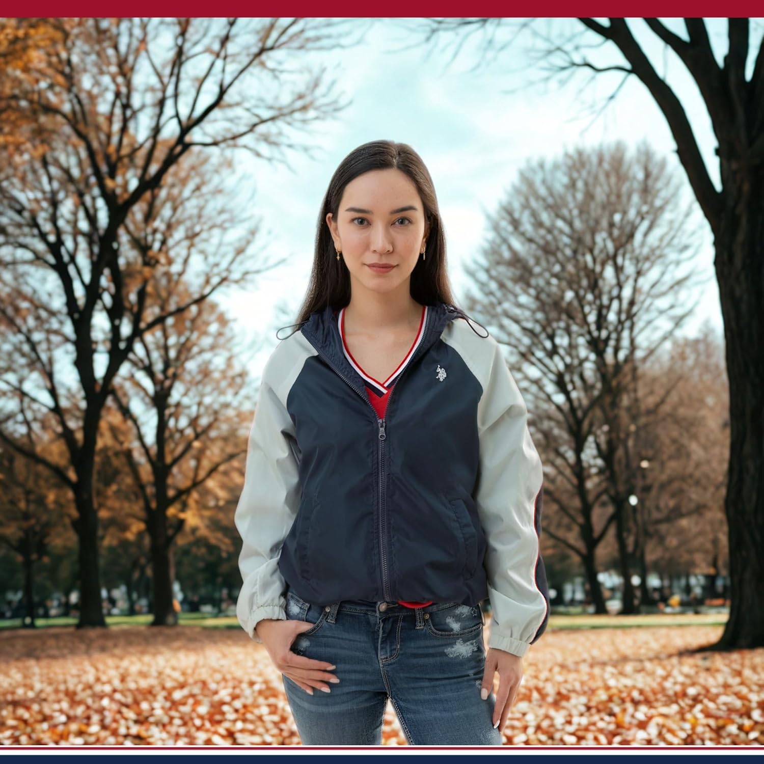 U.S. Polo Assn. Womens Hooded Raglan Sleeve Varsity Windbreaker W/Piping Poly Mesh Lining