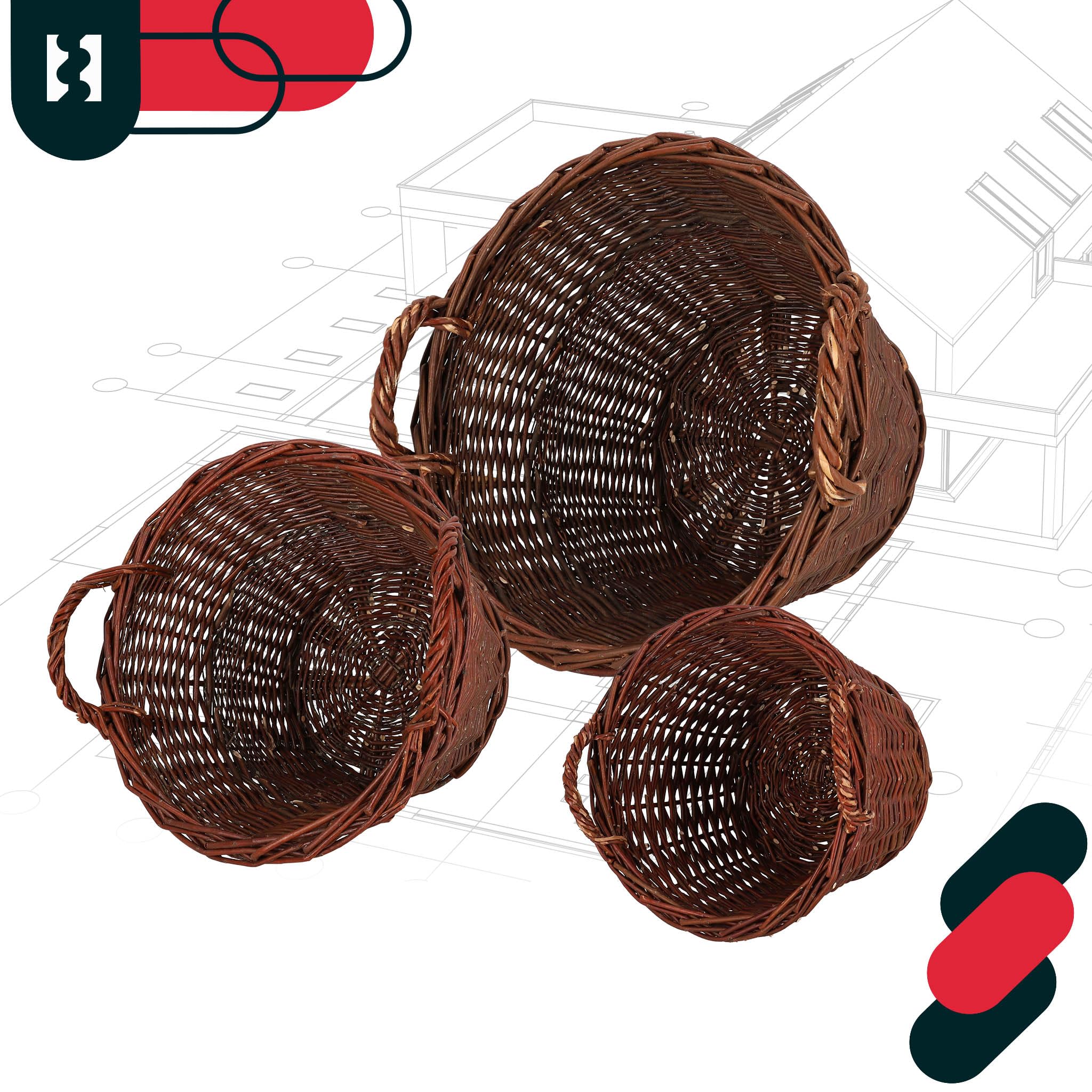 KOTARBAU® 3er Set Weidenkorb mit Griffen - ø 30 cm/ø 40 cm/ø 50 cm - Blumen Korb - Aufbewahrung von Spielzeug - Holzkorb für Kaminholz - Erntekorb aus Weide - Aufbewahrungskörbe - Braun