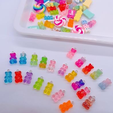 Bulk Assorted Candy Pendant,Grandient 3D Gummy bear Charms for Jewelry Necklace Earrings Bracelet Art Craft Project Making (70pcs with hole)