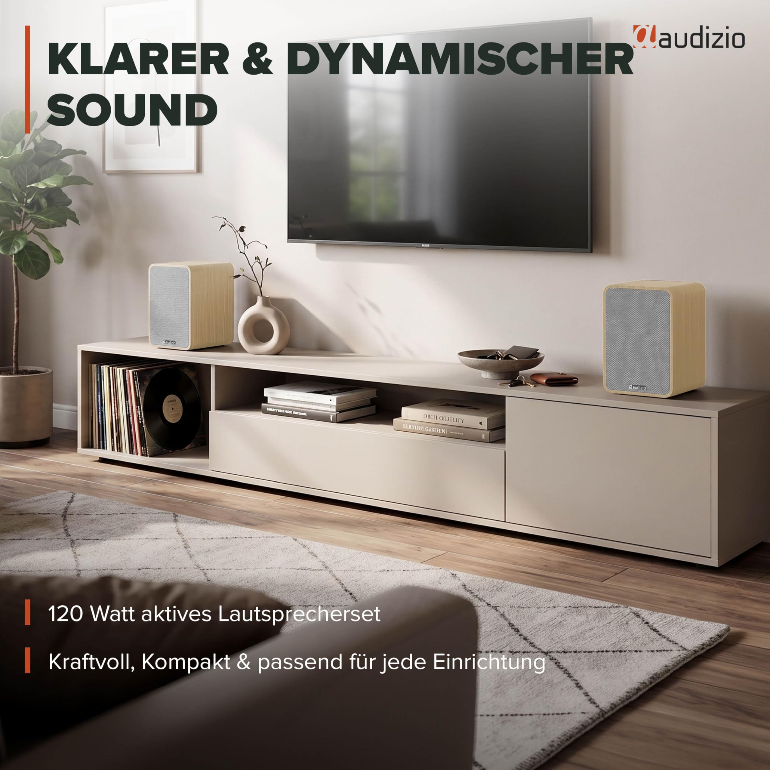 Audizio KS10 Aktiv Lautsprecher Boxen Set 120 Watt – HiFi Boxen mit Bluetooth 5.0 für TV, PC, Gaming – HiFi Lautsprecher mit Verstärker, HDMI ARC, Optisch, USB & Fernbedienung - Holz
