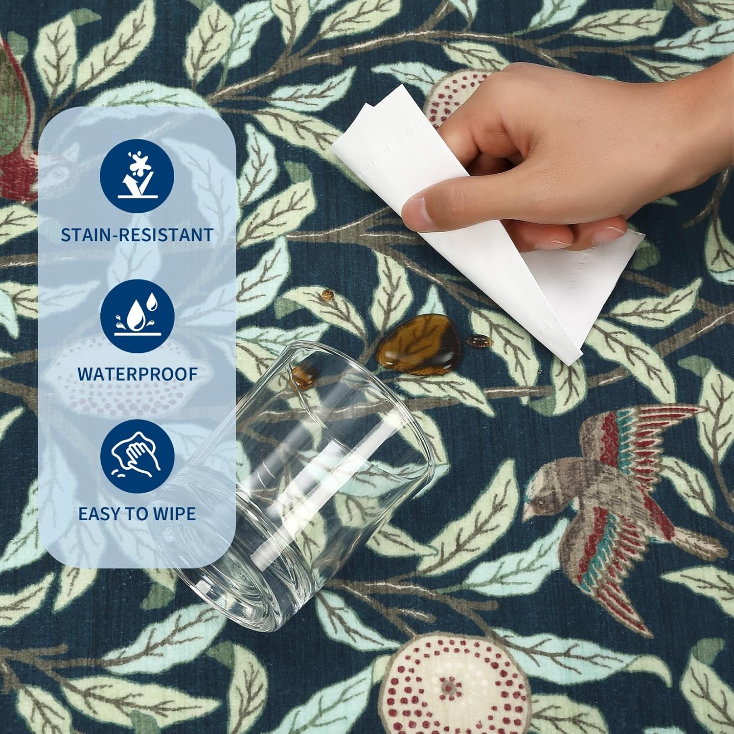 GarveeHome Boho Leaf Area Rugs 9x12 Living Room, Large Rugs for Living Room with Soft Low Pile, 9x12 Botanical Bird Washable Rug with Non-Slip Backing for Bedroom Dining Room Navy Blue Carpet