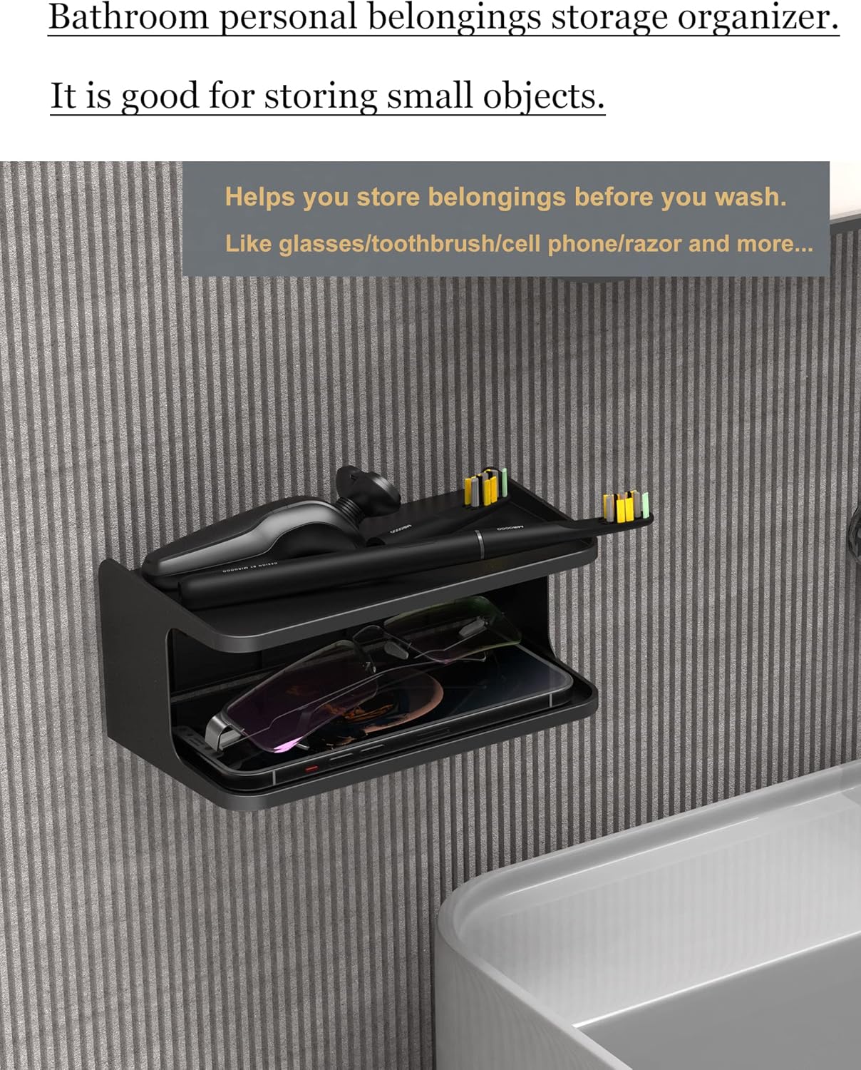 Bedside Wall Shelf Organizer Small Bedside Shelf Wall Mount for Bed Universal Stick on Wall Shelf Double Tray Holder for Storing Cellphone, Glasses, Keys, Camera, Alarm Clock (Black) - Image 4