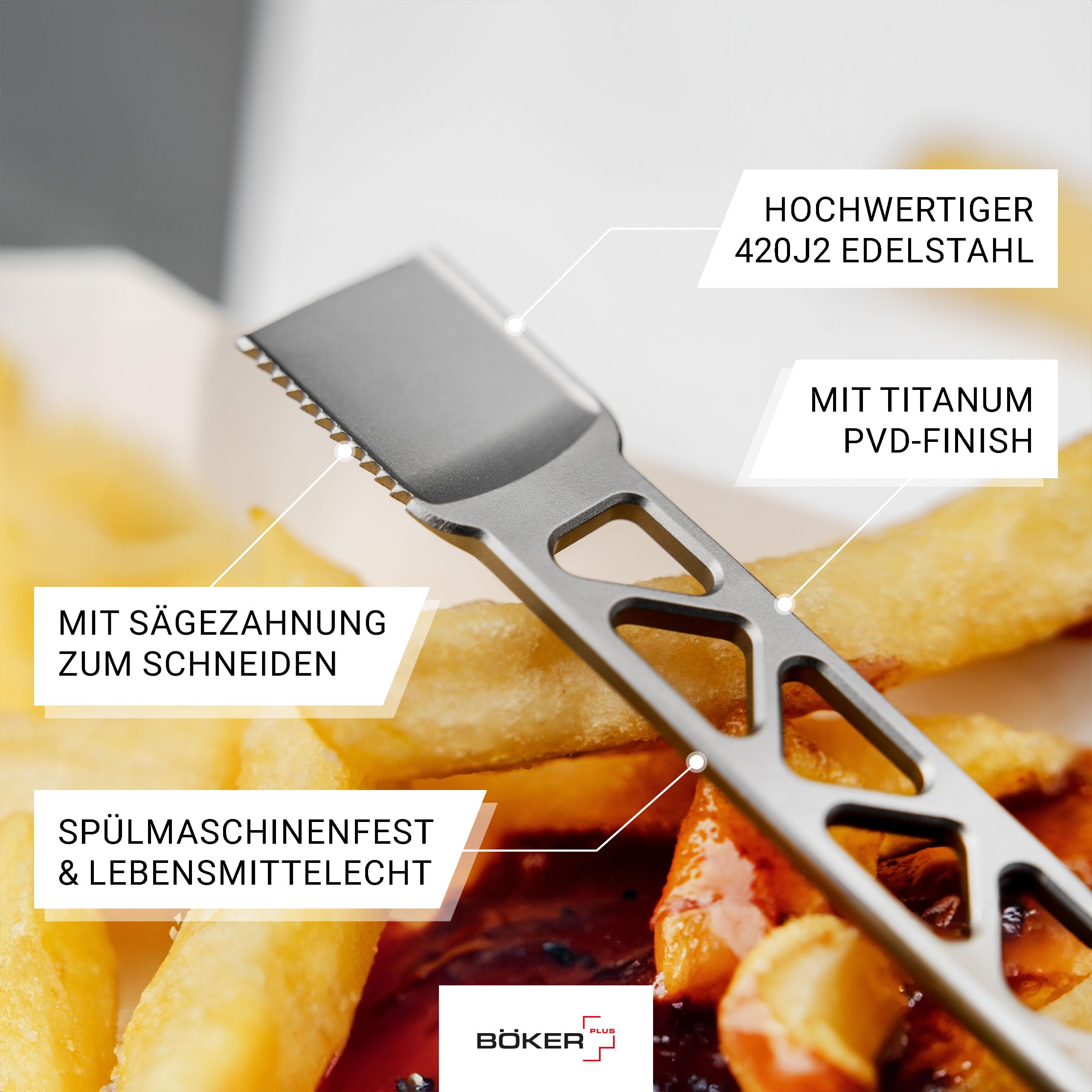 BÖKER PLUS® Metalbite - 3 in 1 Mini Camping Besteck Schlüsselanhänger - Multifunktion EDC Besteck mit Gabel, Löffel & Messer - Skelett Prybar mit Schaber - Pommes-Gabel & Pieker für unterwegs