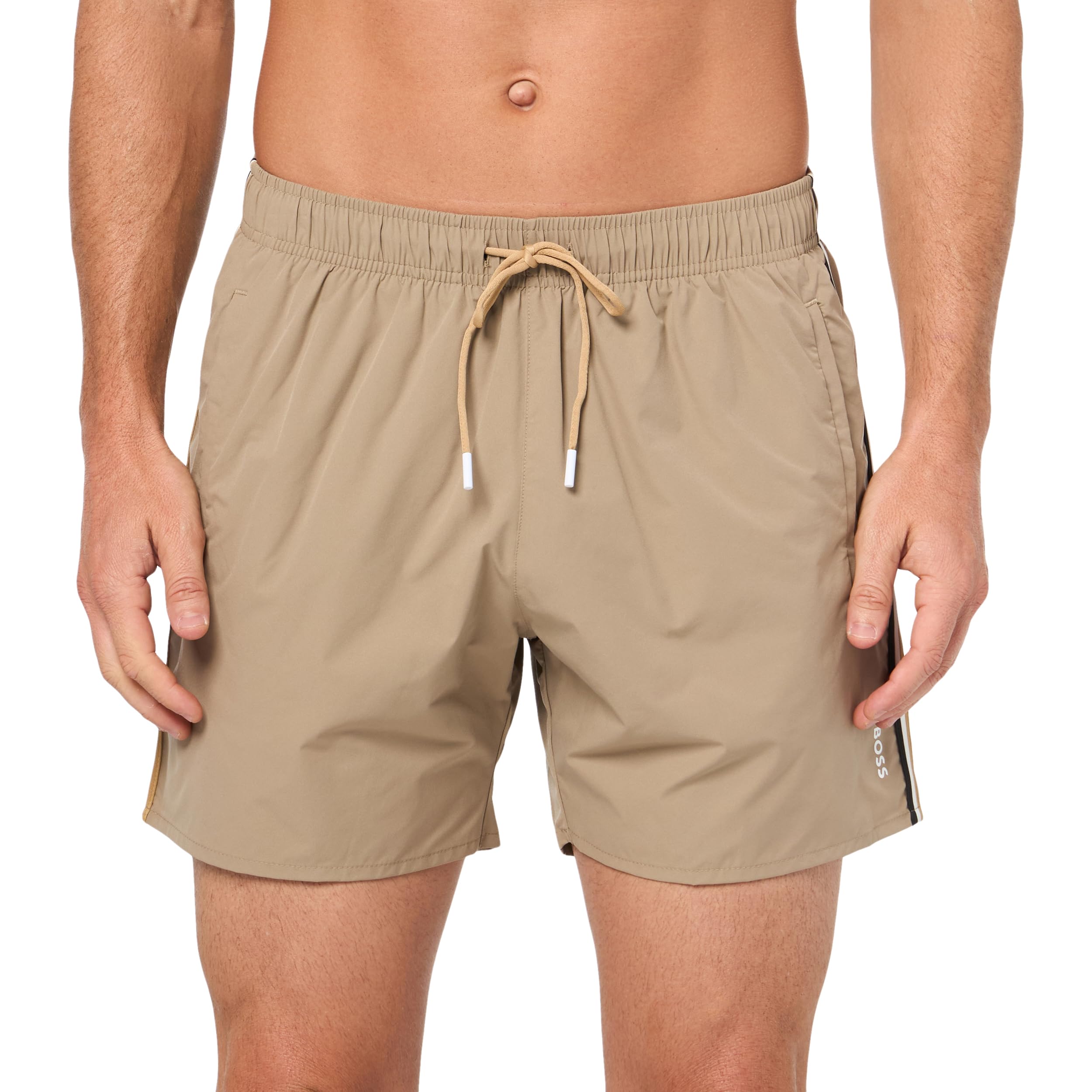 BOSS Men's Solid Swim Trunk with Iconic Side Stripe Swimming Trunks, Roasted Pine Nuts, S
