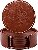 LaMOTI Handmade Leather Coasters Set of 6 with Holder - 4" PU Leather Drink Coasters for Table Protection, Luxurious Brown Home Decor & Housewarming Gift