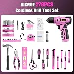 VIGRUE 278PCS Drill Tool Set with 8V Cordless Drill, Home Tool Combo Kit with Drill, Hand Drill Tool Box Kits for Men & Women Repair, Handyman, DIY (Pink)
