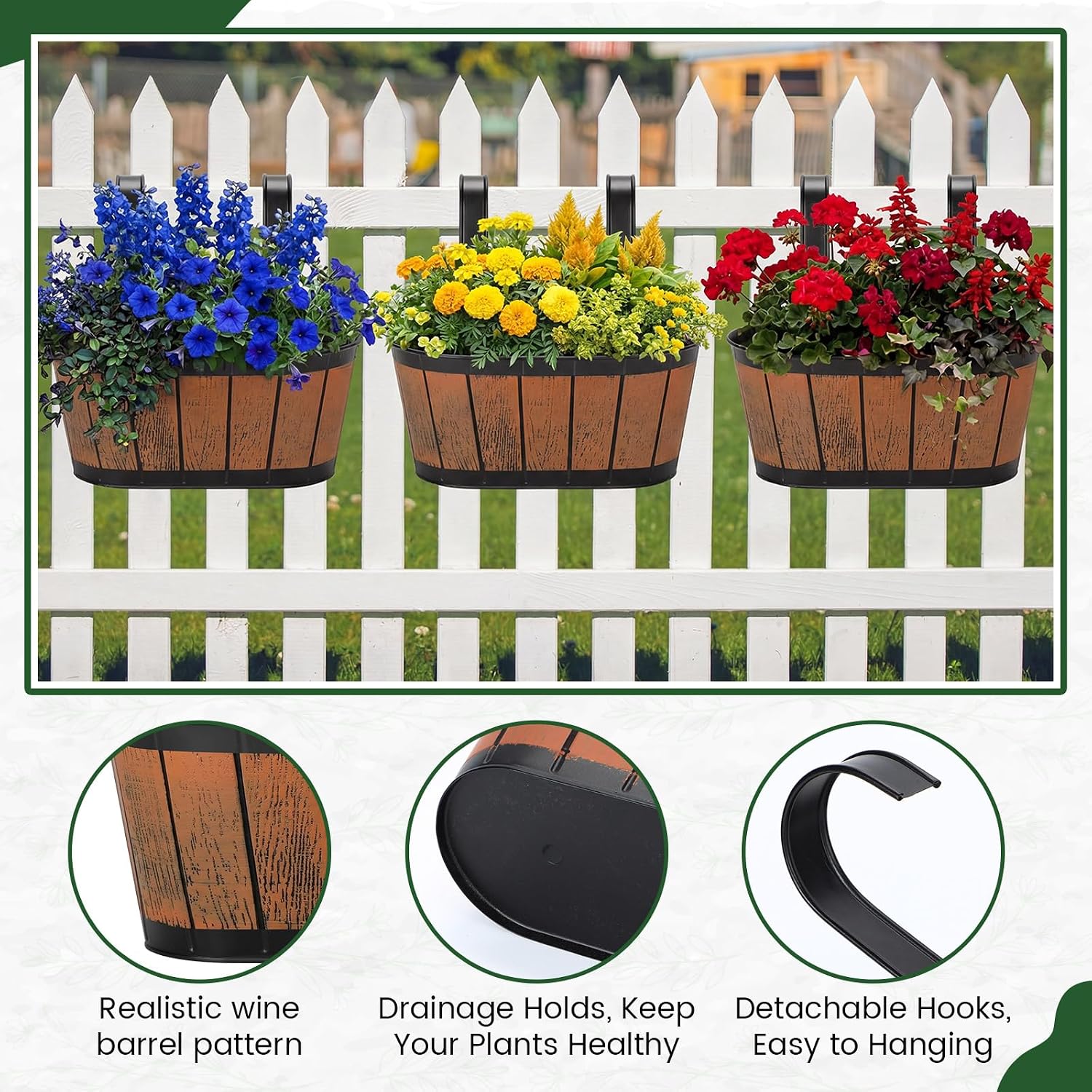 3 Pcs 10.5" Wine Barrel Planter Metal Fence Hanging Flower Pots Outdoor Wine Barrel Wall Planter with Detachable Hooks for Fence Garden Yard Home Decor