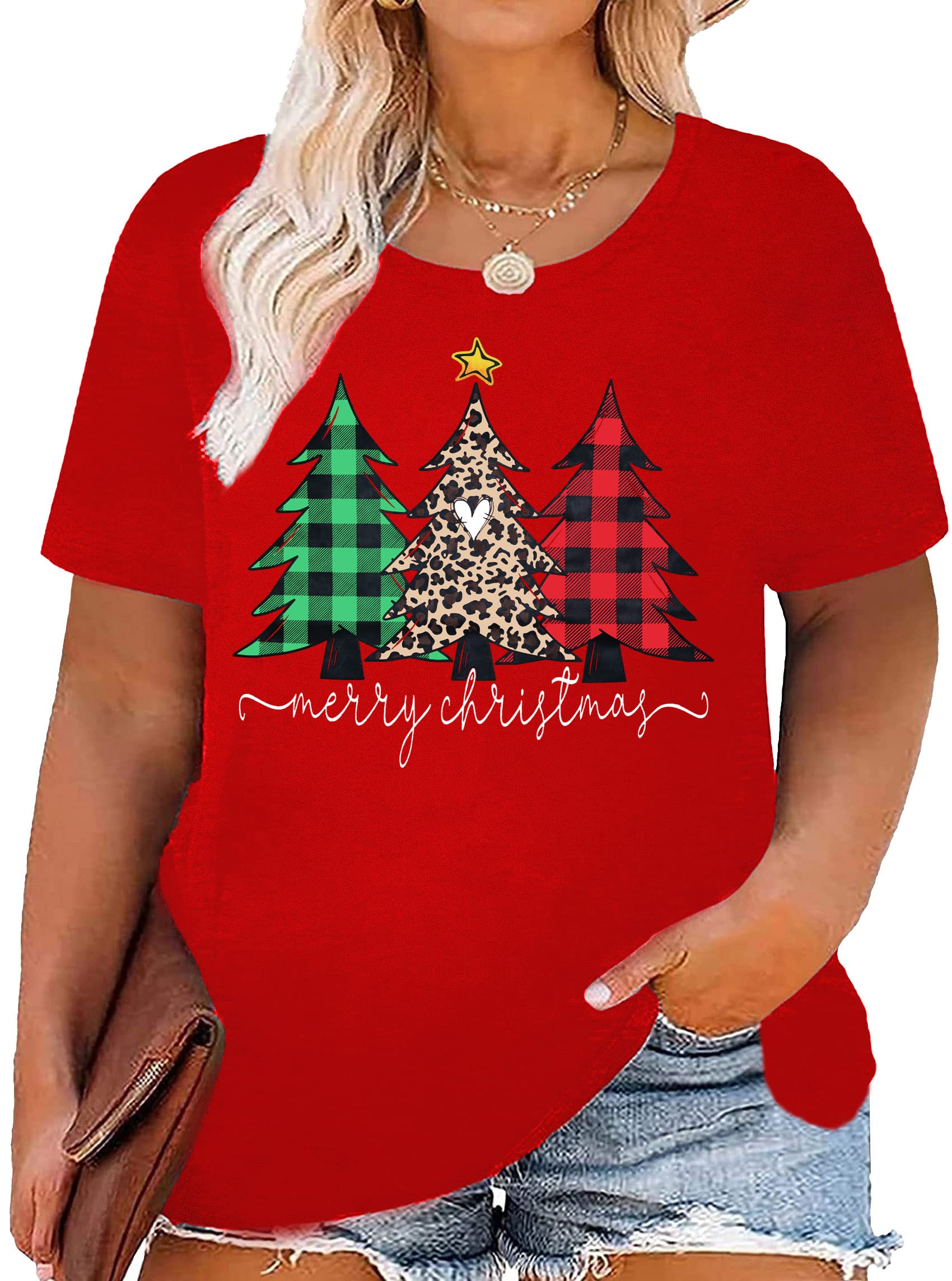 Plus-Size Christmas Shirts Women Merry Christmas Leopard Plaid Tree Print Shirt Holiday Tops Xmas Tee