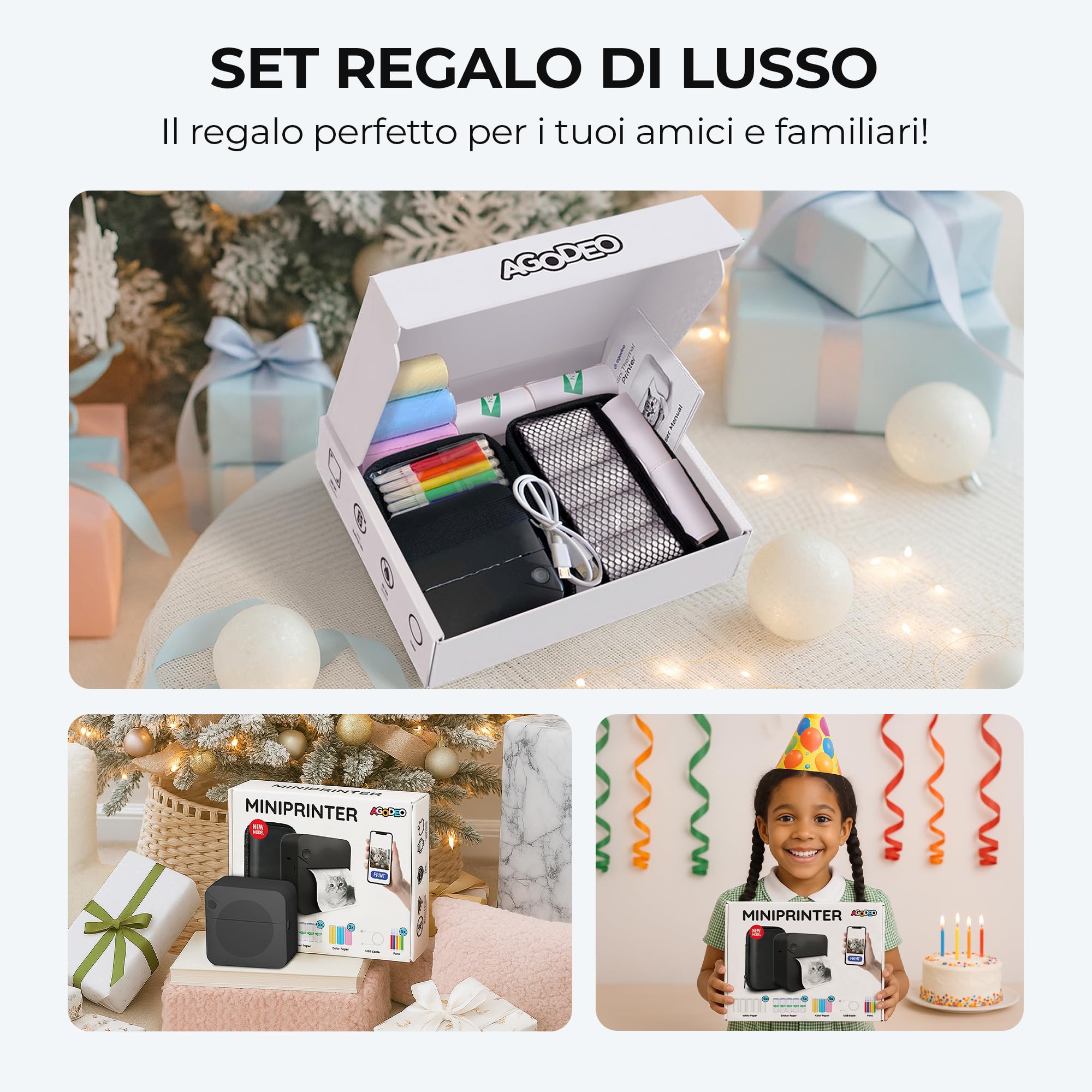 AgoDeo Mini stampante per smartphone – Mini Printer – Include 1 custodia rigida + 13 rotoli (adesivi, normali e colori) + 5 penne – stampante adesiva per studio, note, immagini, foto, diari (Nero)