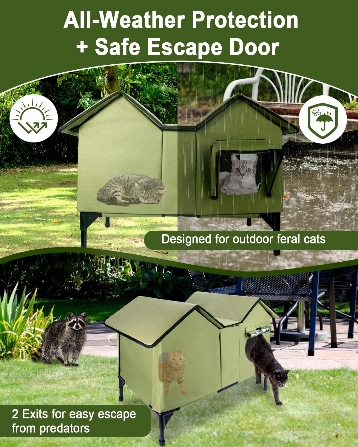 Katzenhaus im Freien, Extra Große wasserdichte isolierte Katzenkennel mit erhöhter Basis, Winterhaus für Indoor-Katzen und kleine Hunde im Freien, Wilde Katzenschutz für mehrere Katzen, Grün