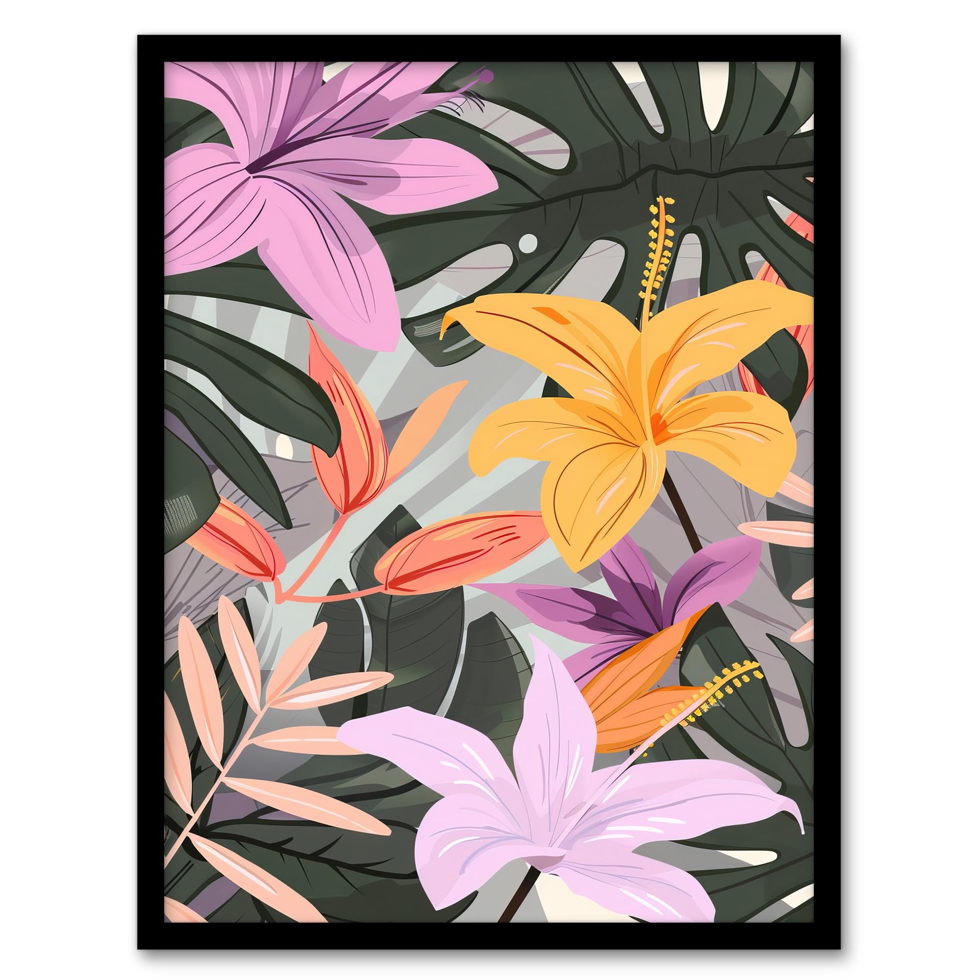 Artery8 Tropical Exotic Colourful Lilies Monstera Design Living Room Artwork Framed Wall Art Print 18X24 Inch