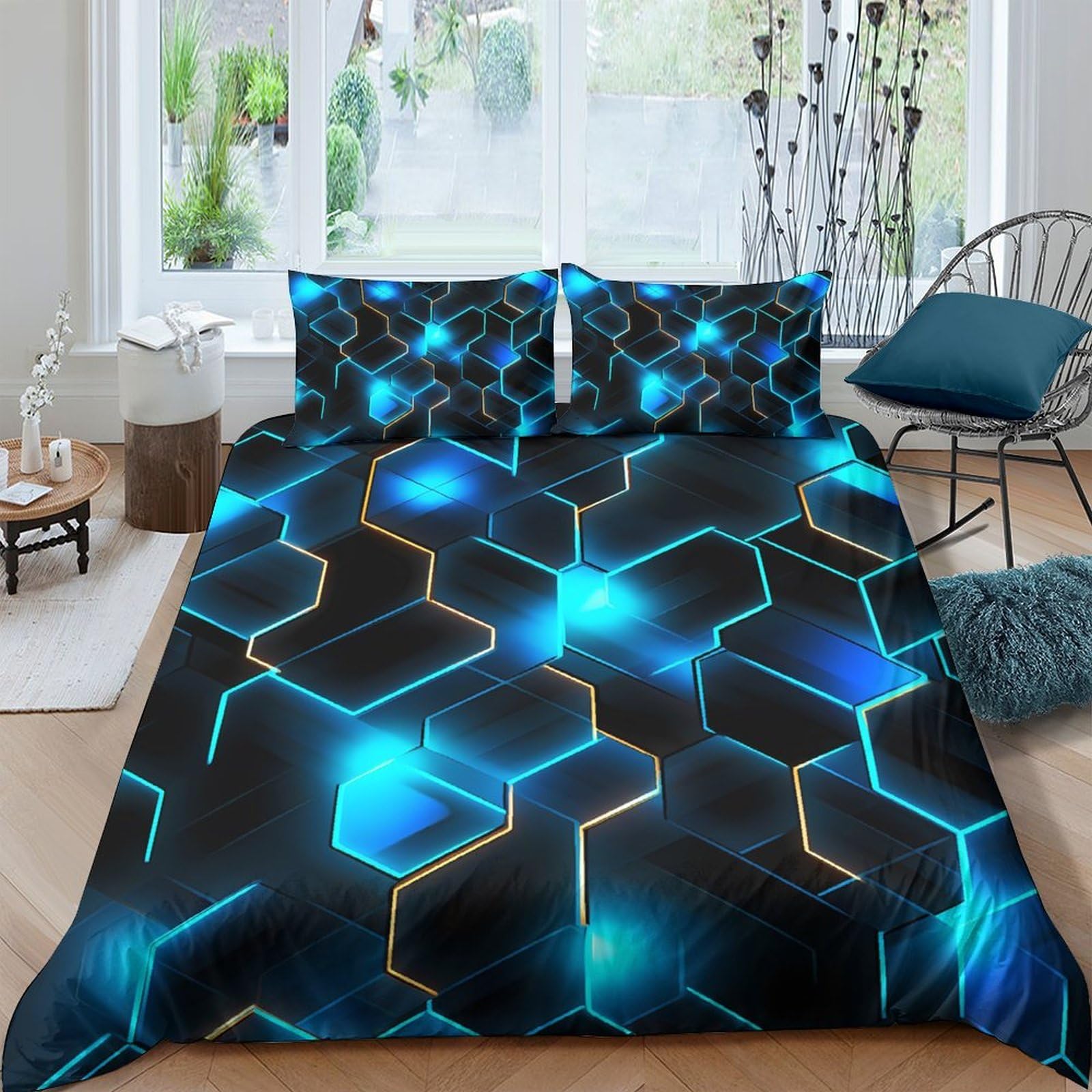 GPLZQXKJNH 3D Printed Blue Hexagon Duvet Cover Microfiber Soft Breathable Futuristic Pattern Bedding Set with 2 Pillowcases for Bedroom Decoration Single（135x200cm）