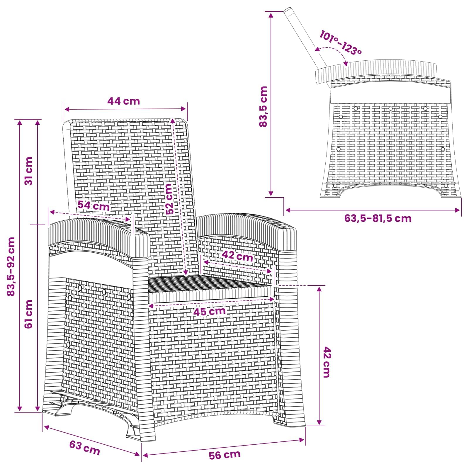 Silla de jardín reclinable imitación ratán 2 piezas, color gris claro | Polipropileno duradero, respaldo regulable 3 posiciones, uso exterior, fácil de limpiar