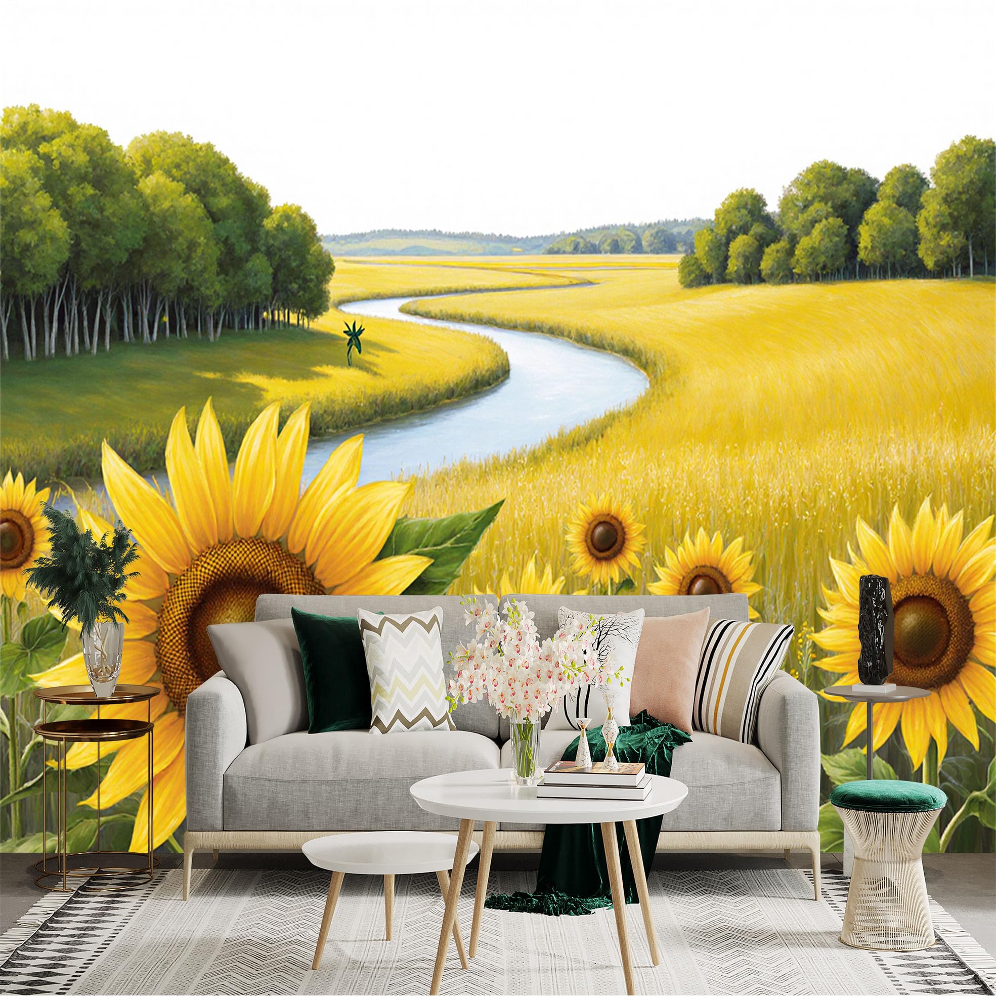 Custom Size Wall Sticker Mural， Golden Sunflower Field， Peaceful Winding River， Summer Rural Landscape， Nature Botanical Scenery， for wall Decoration， peelandstick wall Decals.
