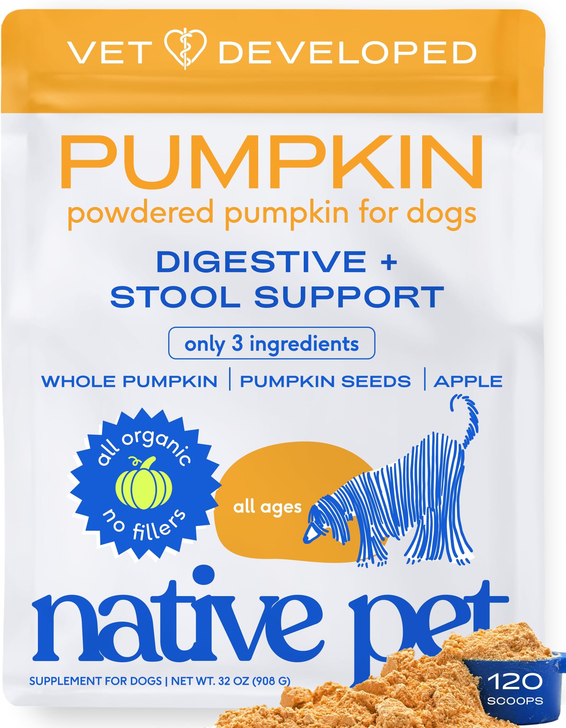 Native Pet Pumpkin for Dogs - Organic Dog Food Topper Powder - Promotes Firm Stools, Supports Digestive, Bowel Health & Nutrient Absorption - USDA Organic, Rich in Fiber with Real Pumpkin - 120 Scoops