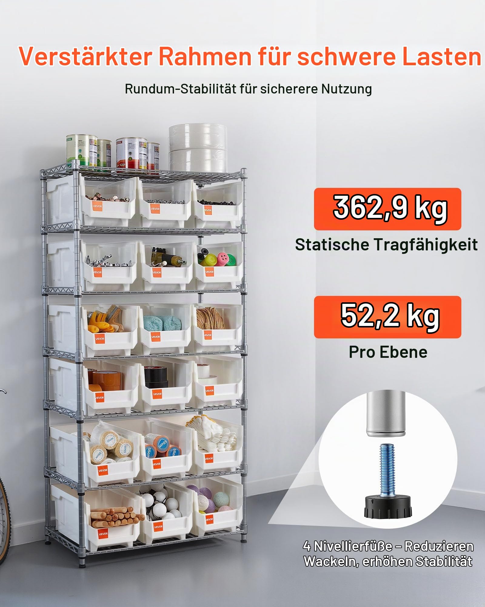 VEVOR Standregal, Lagerregal mit 7 Ebenen & 18 Stapelboxen, Bücherregal, Küchenregal mit Rollen, Werkzeugaufbewahrung für Garage, Lager, Büro, Restaurant, Klassenzimmer, Küche, 690x355x1490 mm