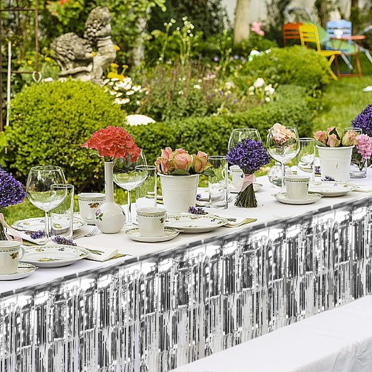 COLLBATH Silver Foil Fringe Tinsel Table Skirt for Wedding Xmas Halloween