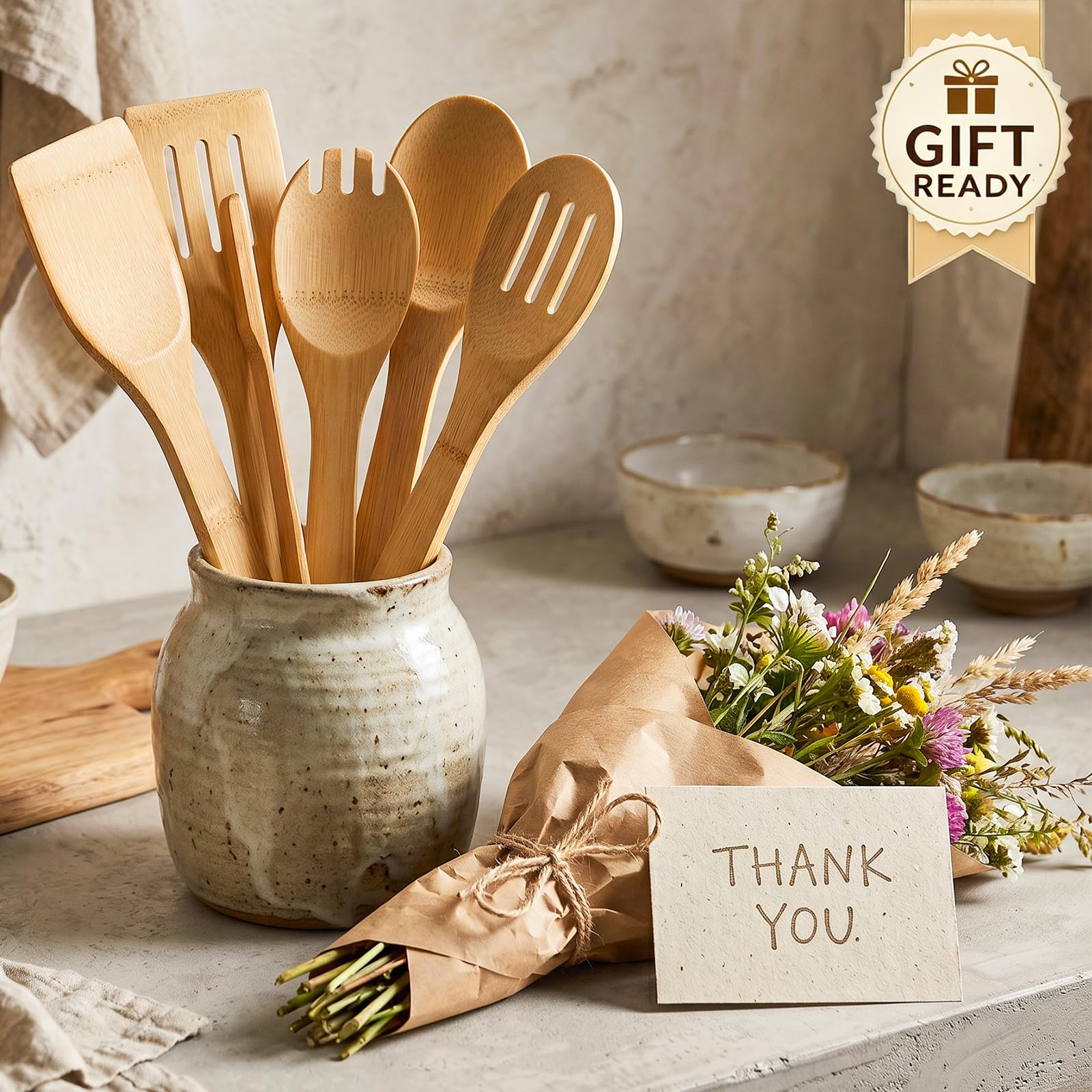 HANSGO Cucharas de madera para cocinar, 7 utensilios de cocina de bambú, juego de utensilios de madera para agitar, mezclar, servir, antiadherentes, saludables