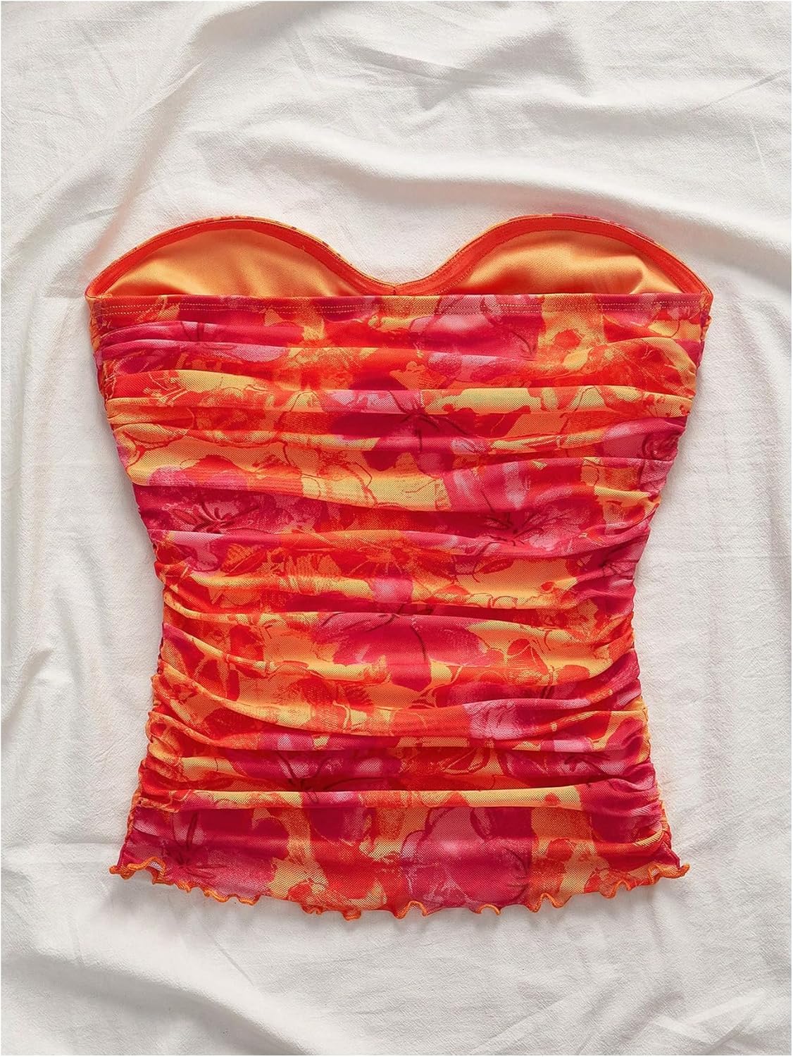 WDIRARA Women's Floral Mesh Tube Top Strapless Ruched Bandeau Summer Vacation Crop Tops - Image 3