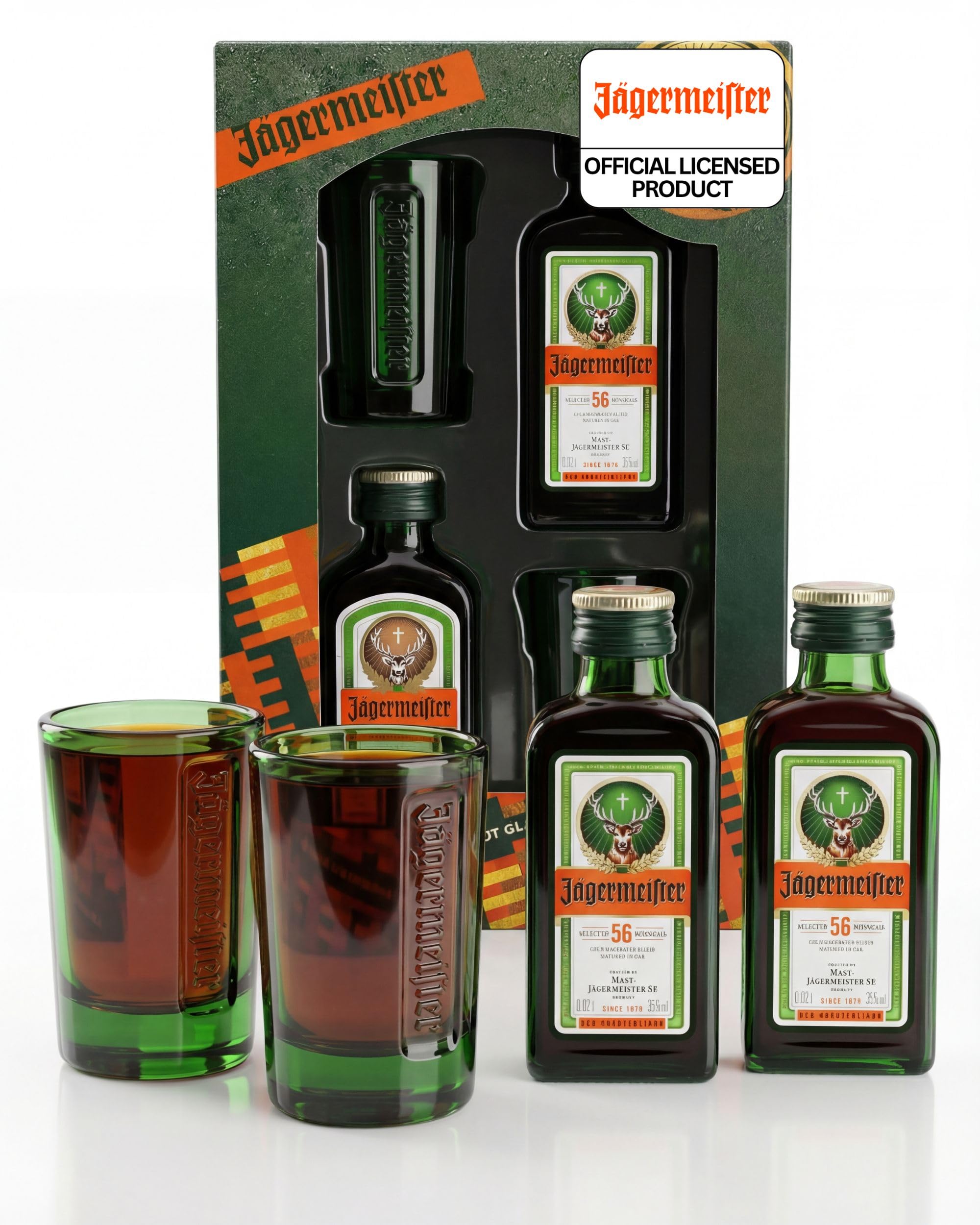 Jagermeister Gift Set - x2 Official Jagermeister Miniatures Shot Bottles 2cl and x2 Shot Glasses - Miniature Alcohol Bottles, Perfect Jager Gift Set, Gifts for Him, Her, Birthday, Valentines Day