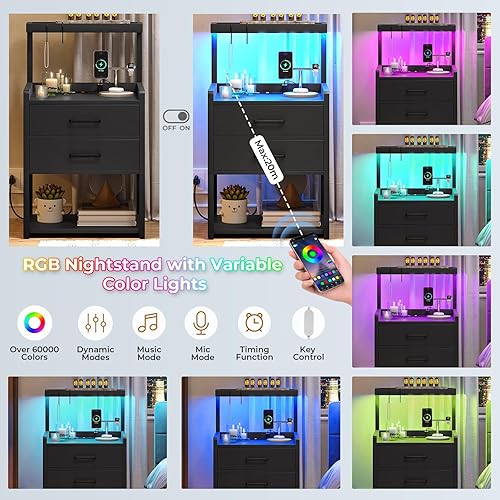 Miniatura 4 de VIAGDO Nightstand with Charging Station and LED Lights, Black Bedside Night Stands with 2 Drawers and Open Storage Shelves, Modern End Side Tables