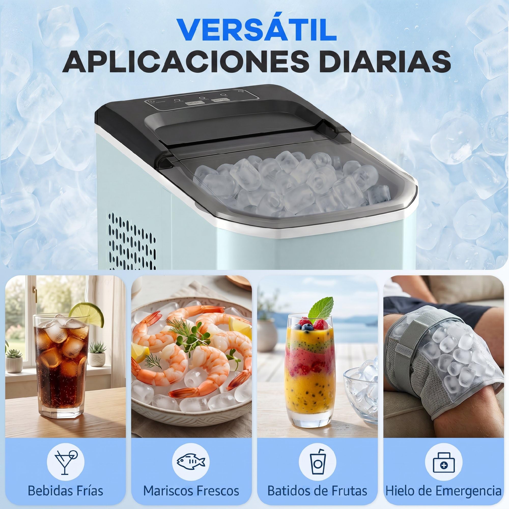 HOMCOM Máquina de Hielo, Máquina de Cubitos de Hielo Autolimpiable, 12 kg/24H, 9 Cubitos Listos en 7 Minutos, 2 Tamaños de Hielo, 1,5L Depósito, para Hogar, Cocina, Oficina, Bar, Azul — view 8