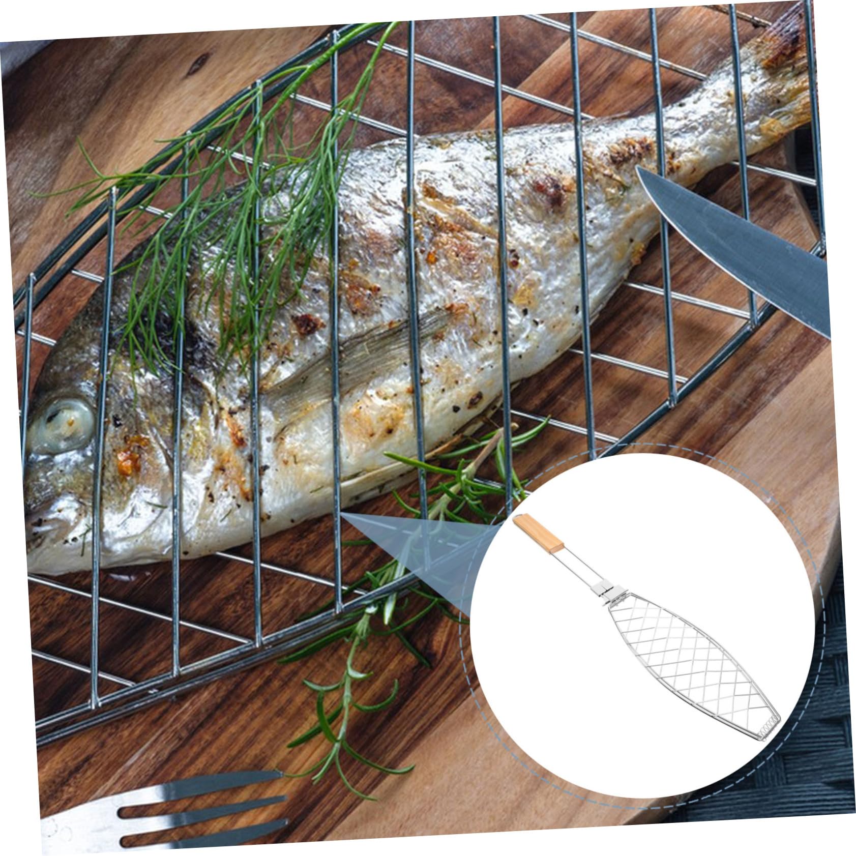 OKUMEYR Bbq Fish Grill Basket Metal Mesh Grilling Rack for Chicken Sausage Steak Handle
