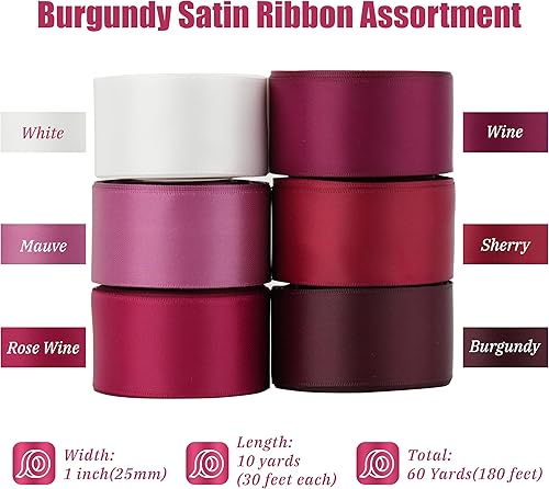 Miniatura 2 de MAYREEL Cinta de satén burdeos de 1 pulgada de color rojo oscuro para envolver regalos, manualidades, bodas, despedidas de soltera, fiestas,