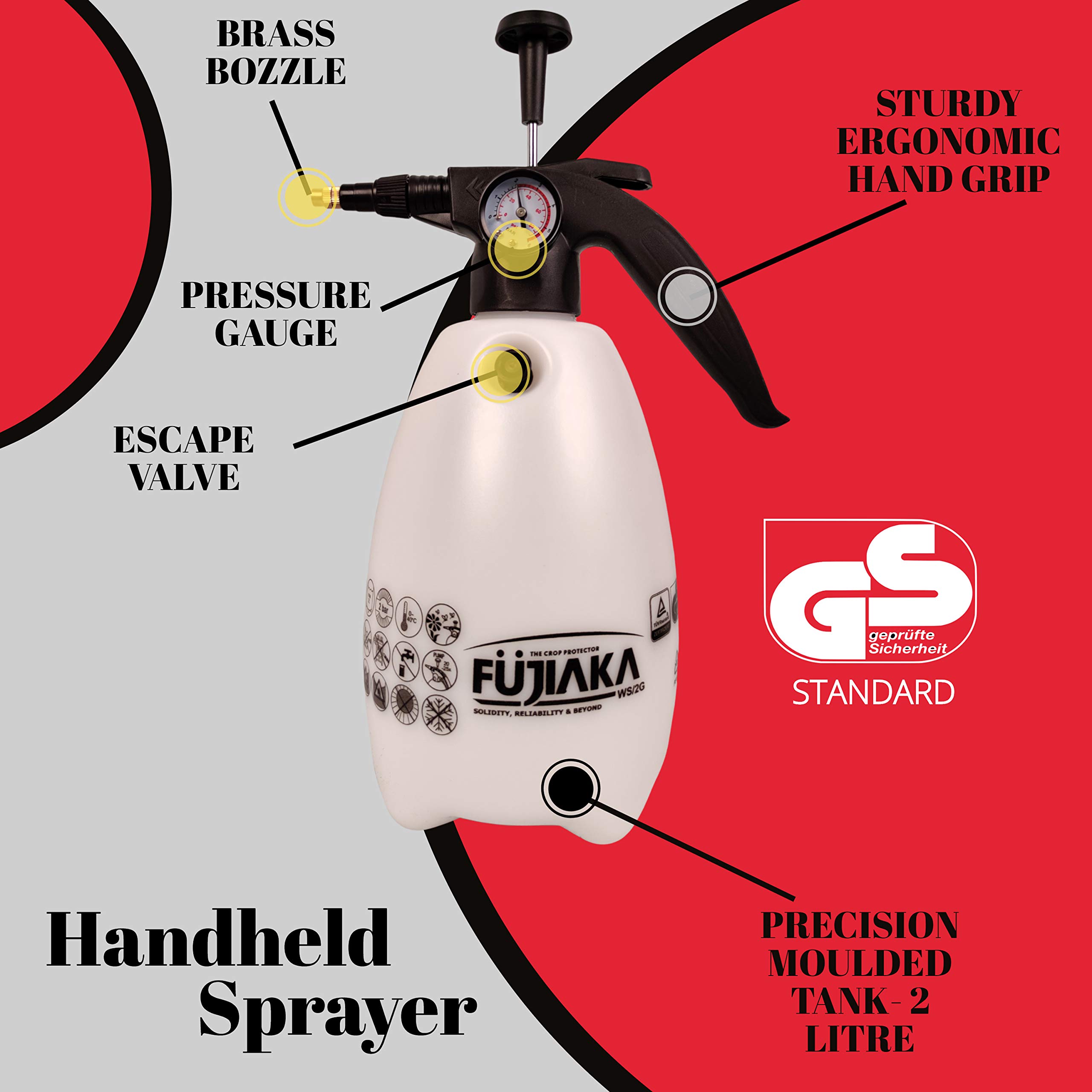 FUJIAKA WS/2G, Handheld Garden Sprayer Manual Pressure Pump for Plant Spraying and Household Cleaning or Sanitising, 2 litres, GS Certified, White (Pack of 1) - Image 2 thumbnail