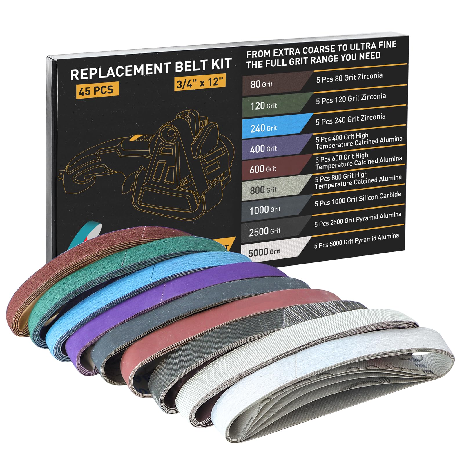 45 Pcs 3/4" X 12" Replacement Knife Sharpener Sanding Belt Kit for Work Sharp Knife & Tool Sharpener Ken Onion Edition (WSKTS-KO), 80/120/240/400/600/800/1000/2500/5000 Grits