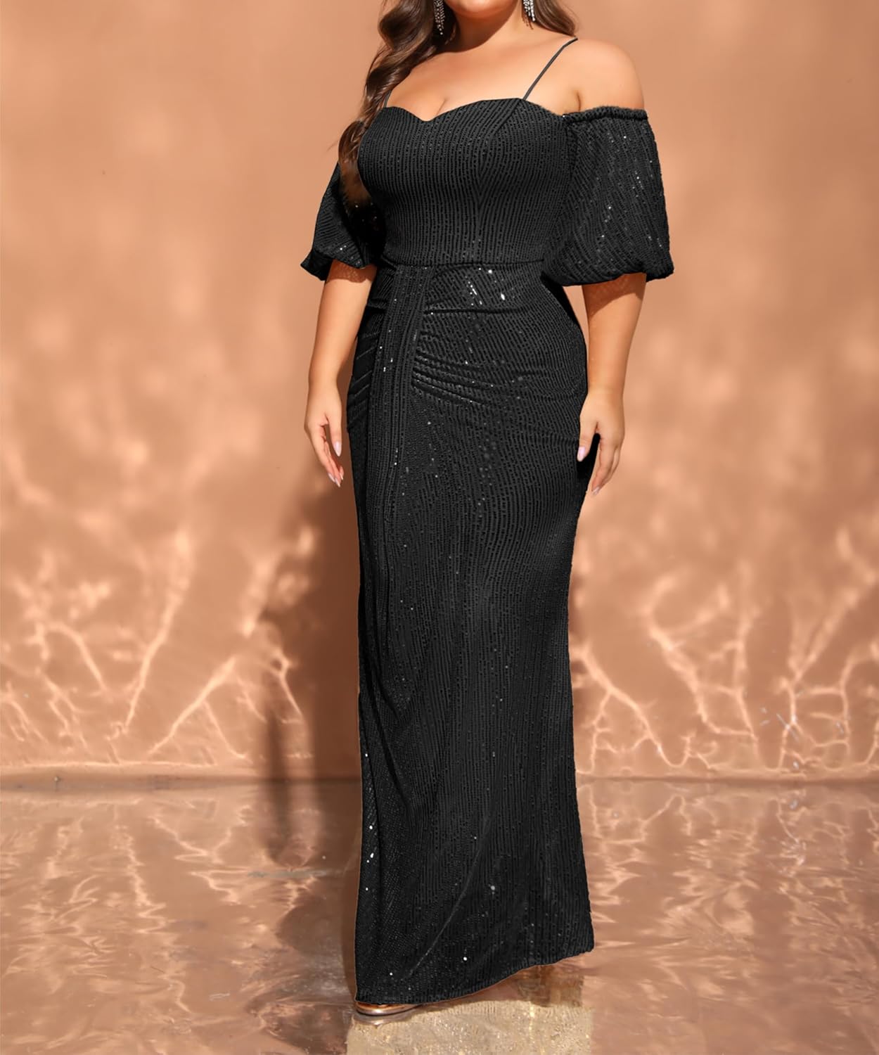 Women's Plus Size Off The Shoulder Puff Sleeve Dress Sequin Formal Maxi Evening Cocktail Party Gowns - Image 3