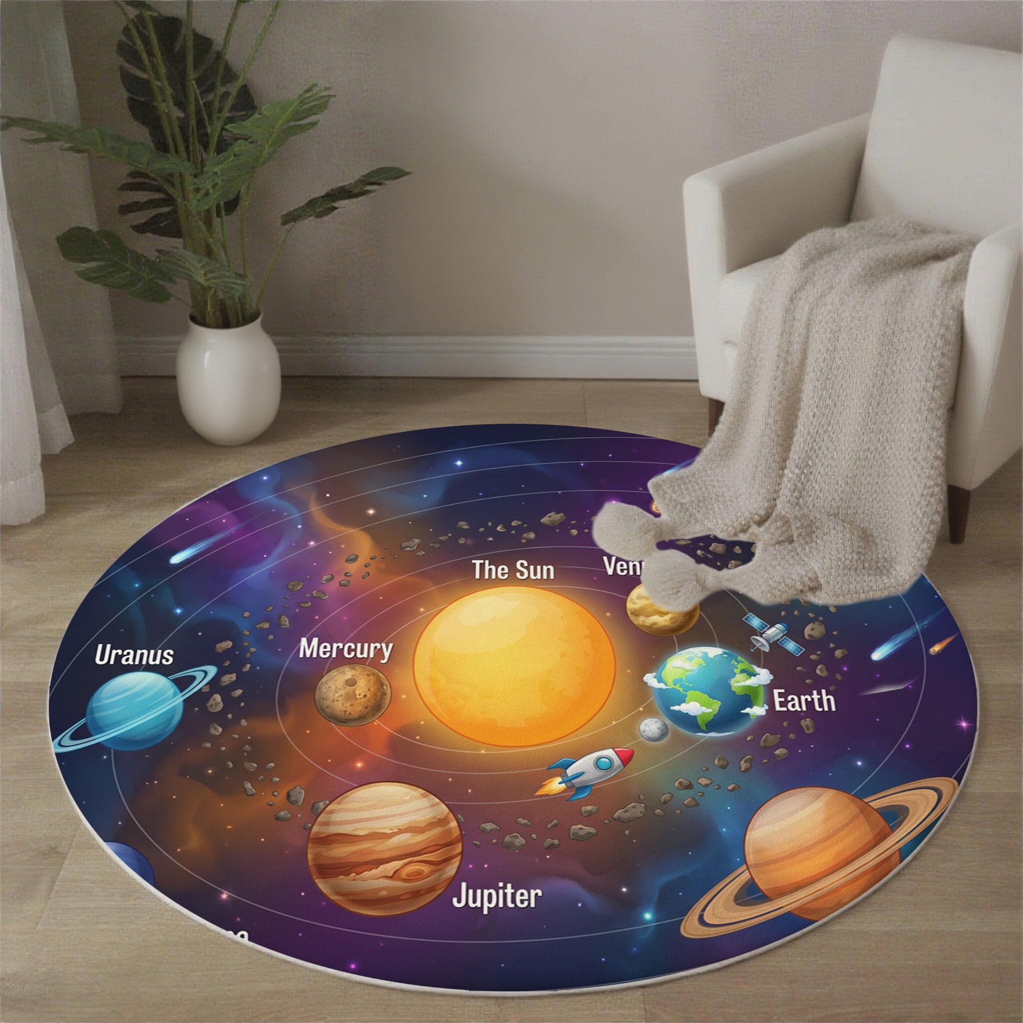 Lavable Tapis Rond Soleil Étoiles Météorites - Violet 100cm Rond - Planètes Spatiales De Dessin Animé Médaillon Tapis De Décoration pour Chambre, Couloir, Salle à Manger