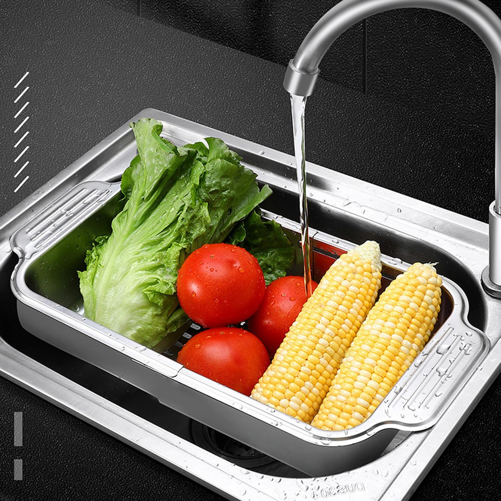 Sieb aus Edelstahl für die Spüle, ausziehbares Küchensieb mit Griffen zum Waschen von Obst und Gemüse, platzsparend, leicht zu reinigen, ideal für die Zubereitung von Mahlzeiten