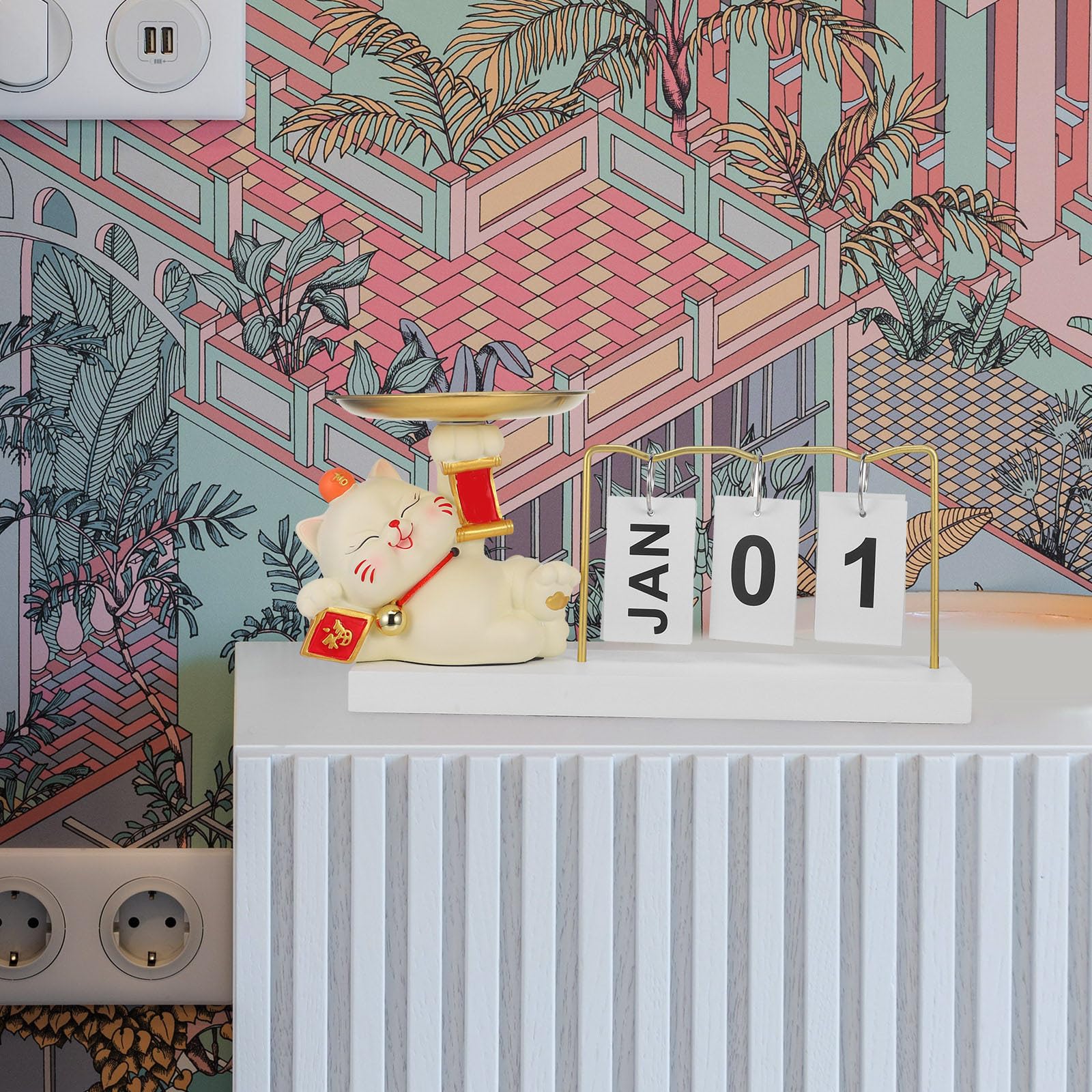 Vassoio Decorativo a Forma di Gatto con Calendario per Ingresso Casa