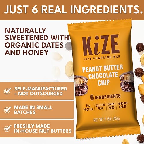 Miniatura 3 de KiZE Barra energética con chispas de chocolate con mantequilla de maní, paquete de 20 unidades, 6 ingredientes, 0.23 onzas de proteína, comida real