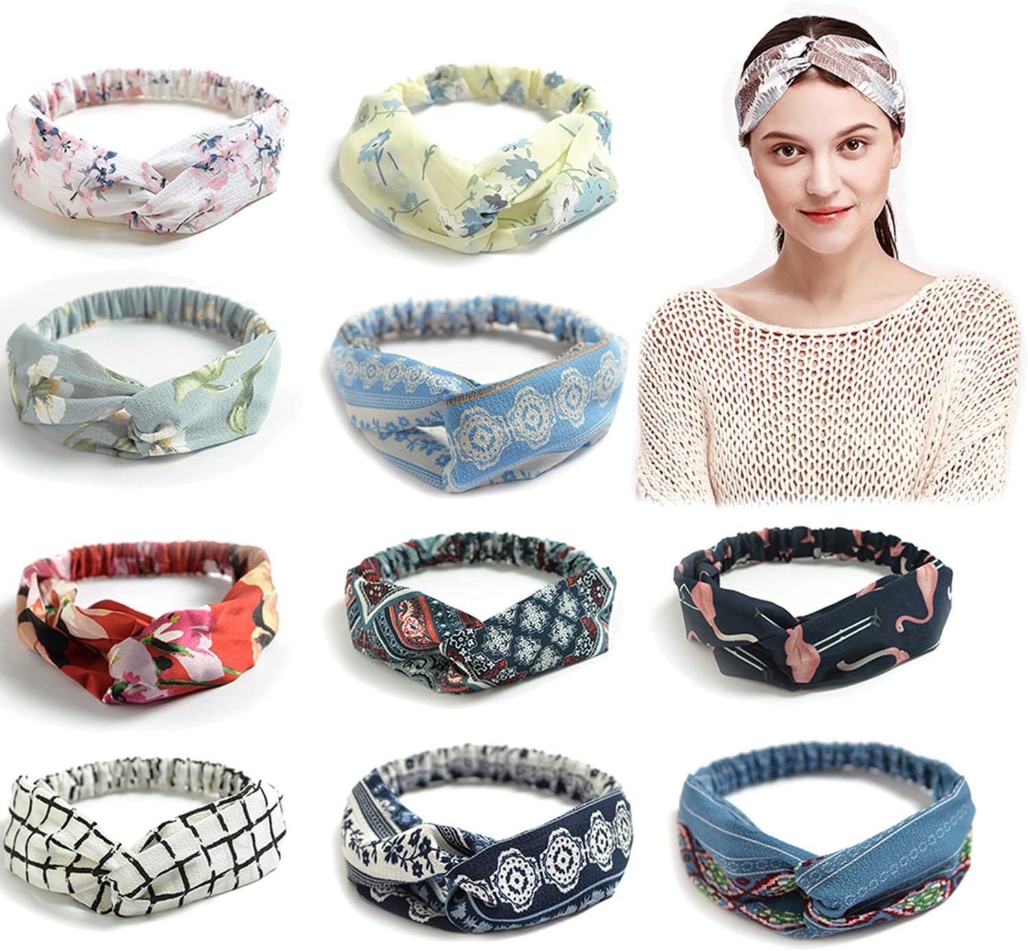 Sonpal Women Headbands Boho Flower Printed Twist Headband Vintage Yoga Turban Elastic Head Wrap Cute Knot Hair Accessories (F)
