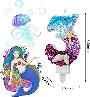 Vista 2 de Vela número 3, vela de cumpleaños azul y morado para usar como parte de una fiesta bajo el mar o sirena