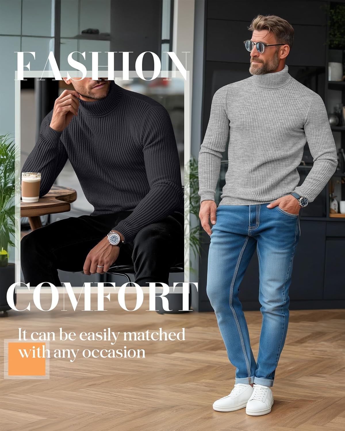 3 Pack Men's Ribbed Turtleneck Shirts, Long Sleeve Mock Neck Lightweight Pullover Sweaters Knit Base Layer Tee Tops - Image 5
