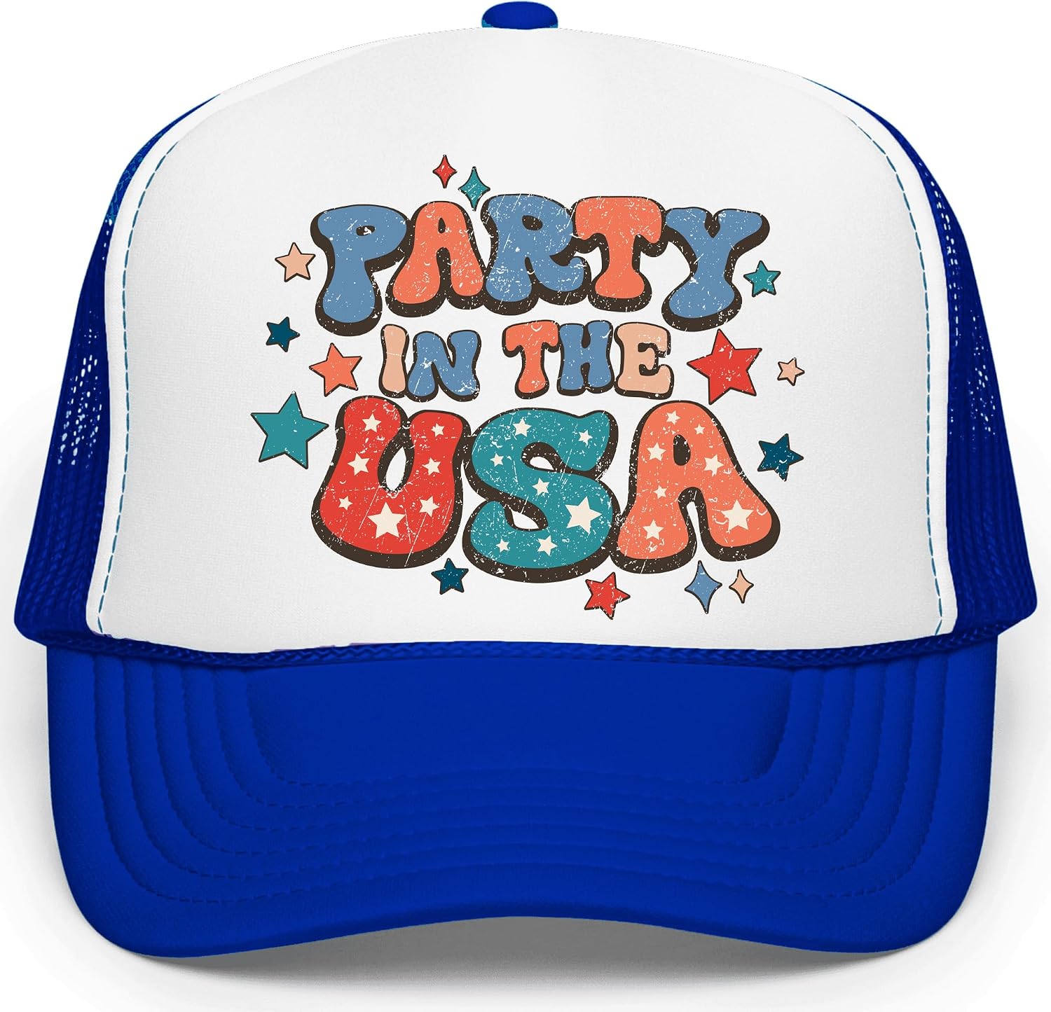 Retro Party in The USA 4th of July Classic 5 Panel Mesh Snap Back Foam Front Trucker Hat