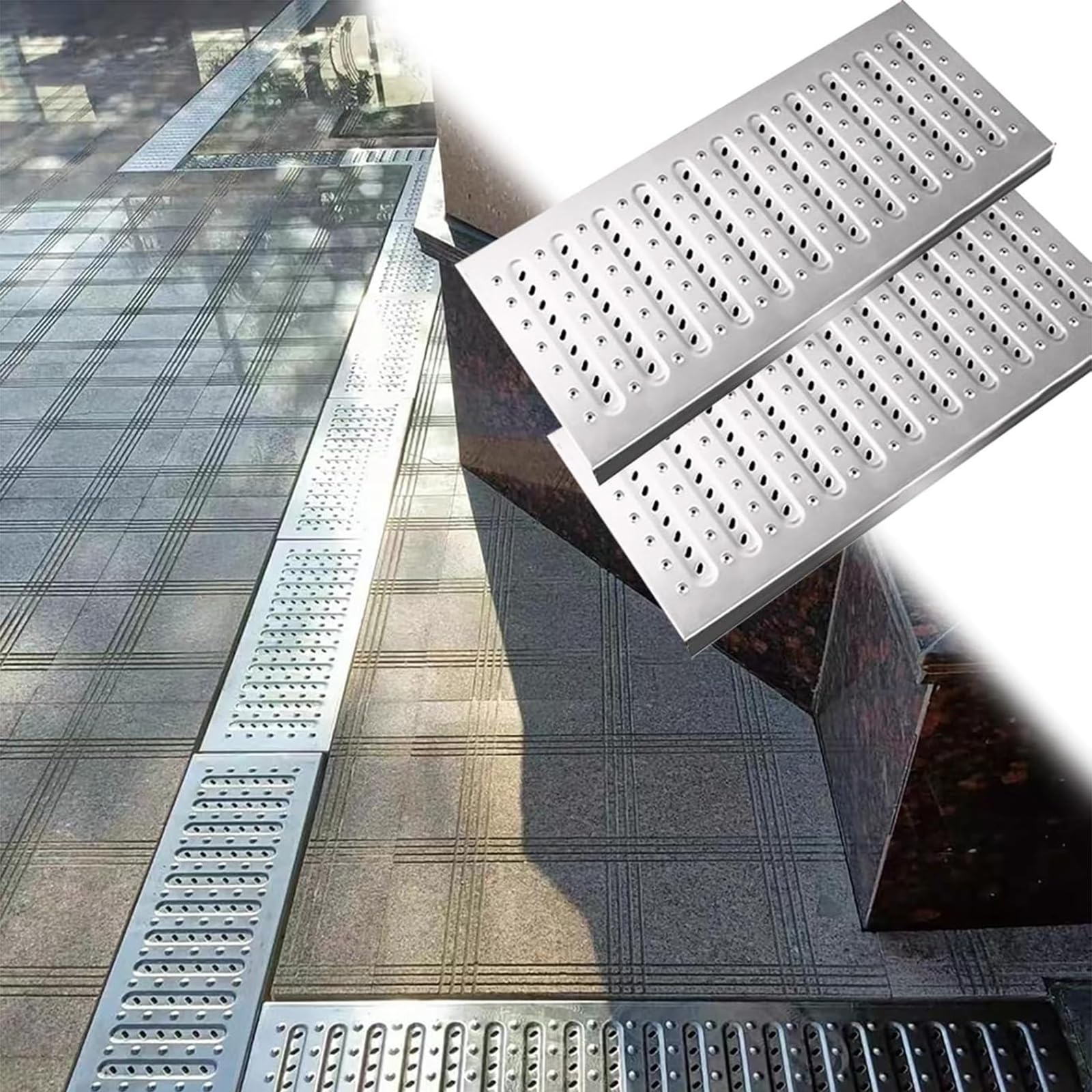 Colador de desagüe de Acero Inoxidable - 2 Piezas Rejilla Rectangular para desagüe Exterior para Garaje y canaleta 25x58cm Cubierta de Drenaje de Agua de Lluvia con Orificios Solución de Dre