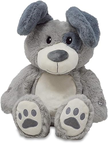 Cuddle Barn Peek & Play Parker - Peluche animado de cachorro gris de 11 pulgadas Reproduce el favorito de cada niño y el primer juego Peek A Boo y