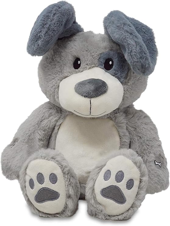 Cuddle Barn | Peek & Play Parker 11" Gray Puppy Animated Stuffed Animal Plush Toy | Plays Every Kids Favorite and First Game Peek A Boo | and Sings Peek A Boo Song