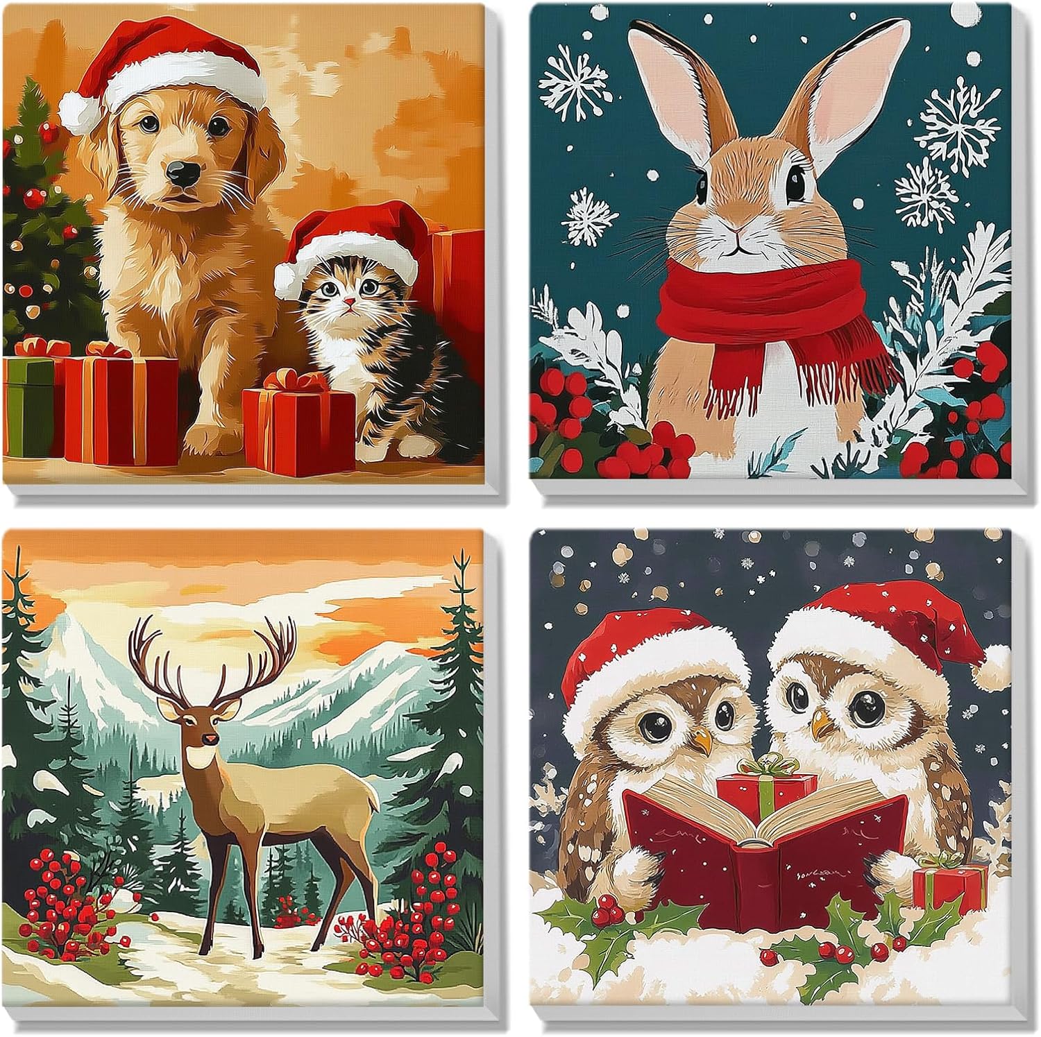 MISCER Christmas 4 Pack Paint by Numbers for Adults Beginner, Bear Paint by Number Kits for Kids, Elk DIY Acrylic Oil Painting Suitable for Home Decoration (8x8inch)