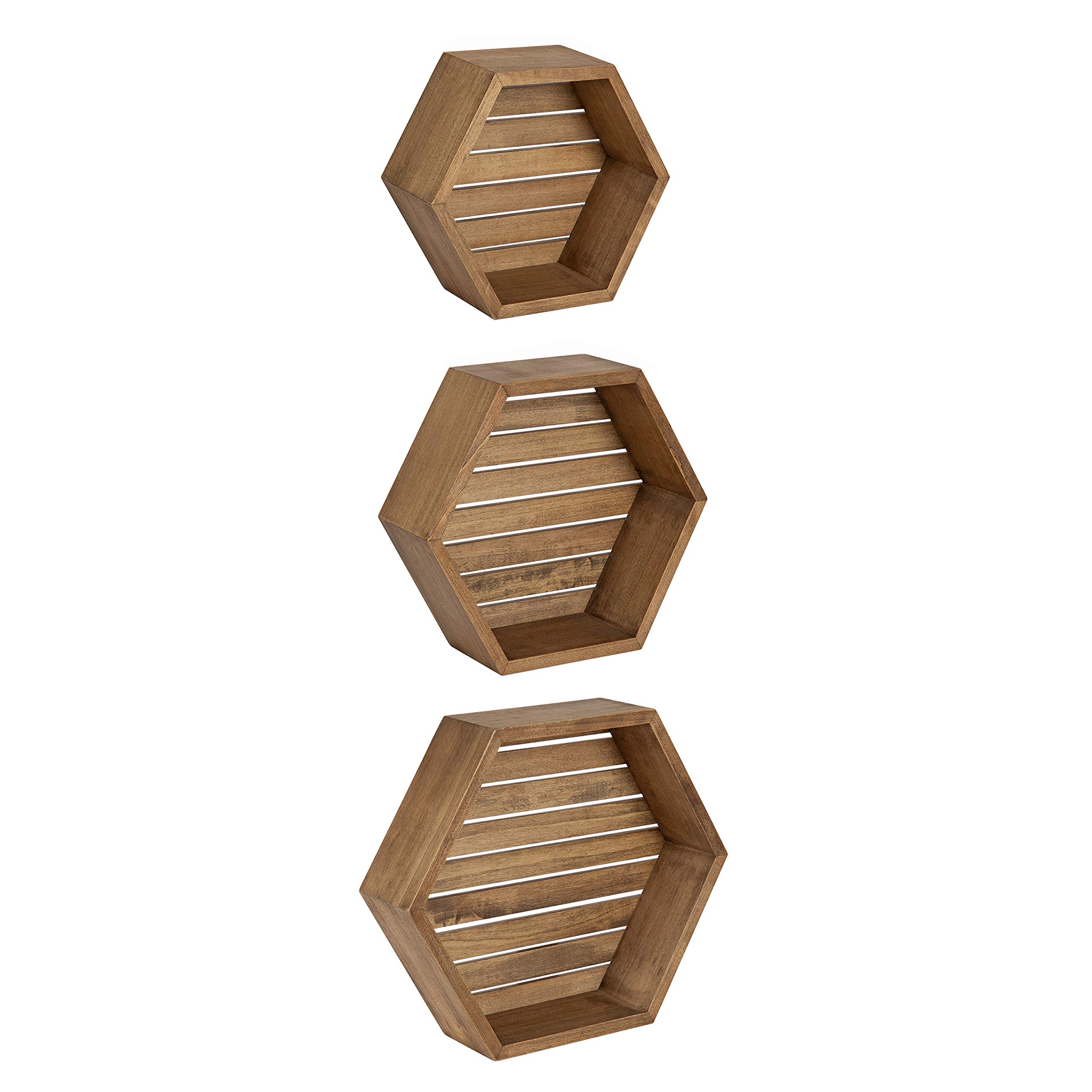 Kate and Laurel Putnam Rustic Hexagon Shelf, Set of 3, Rustic Wood, Dynamic Geometric Wall Decor and Storage