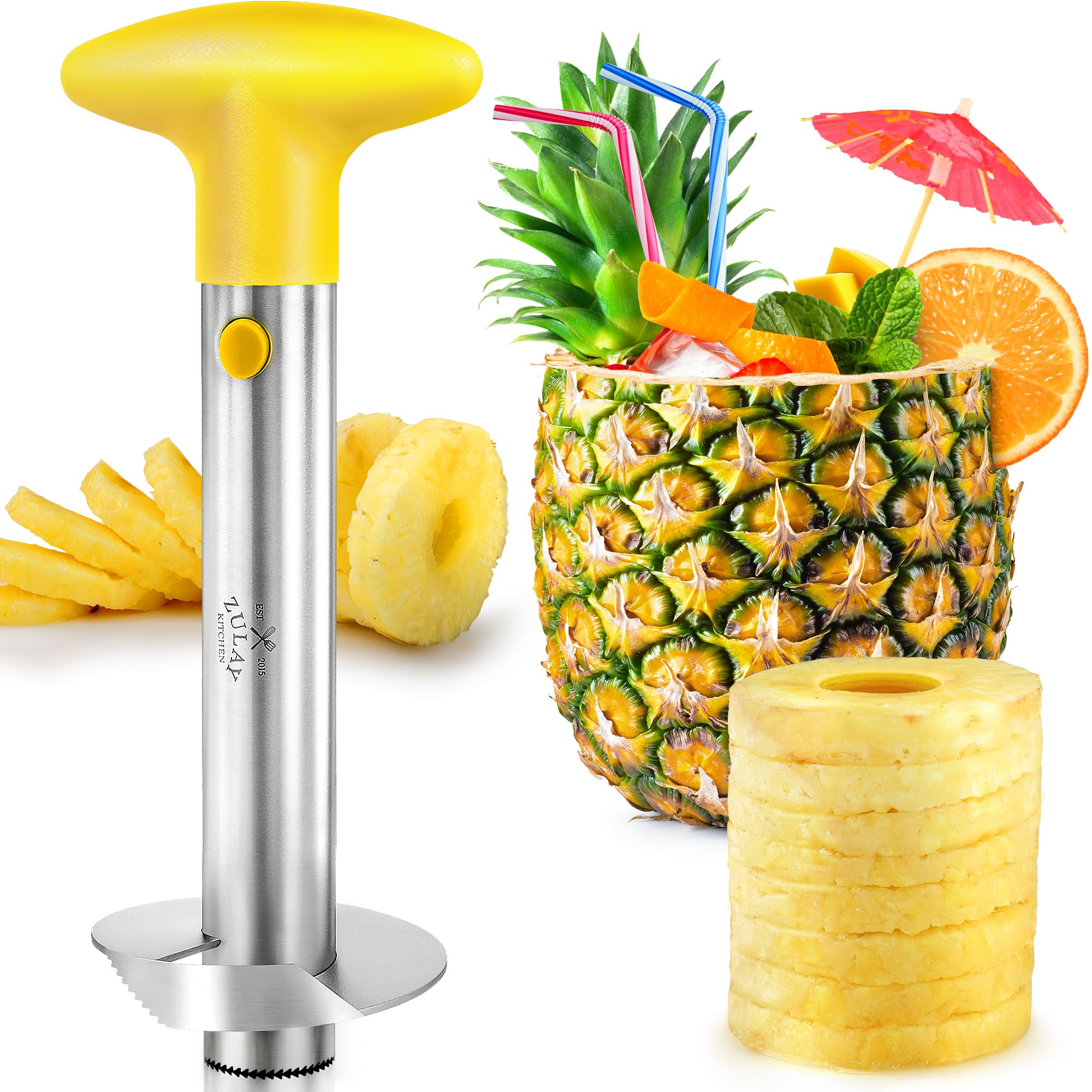 Zulay Kitchen Pineapple Corer and Slicer tool - Stainless Steel Pineapple Cutter for Easy Core Removal & Slicing - Super Fast Pineapple Slicer and Corer Tool Saves you Time - Yellow